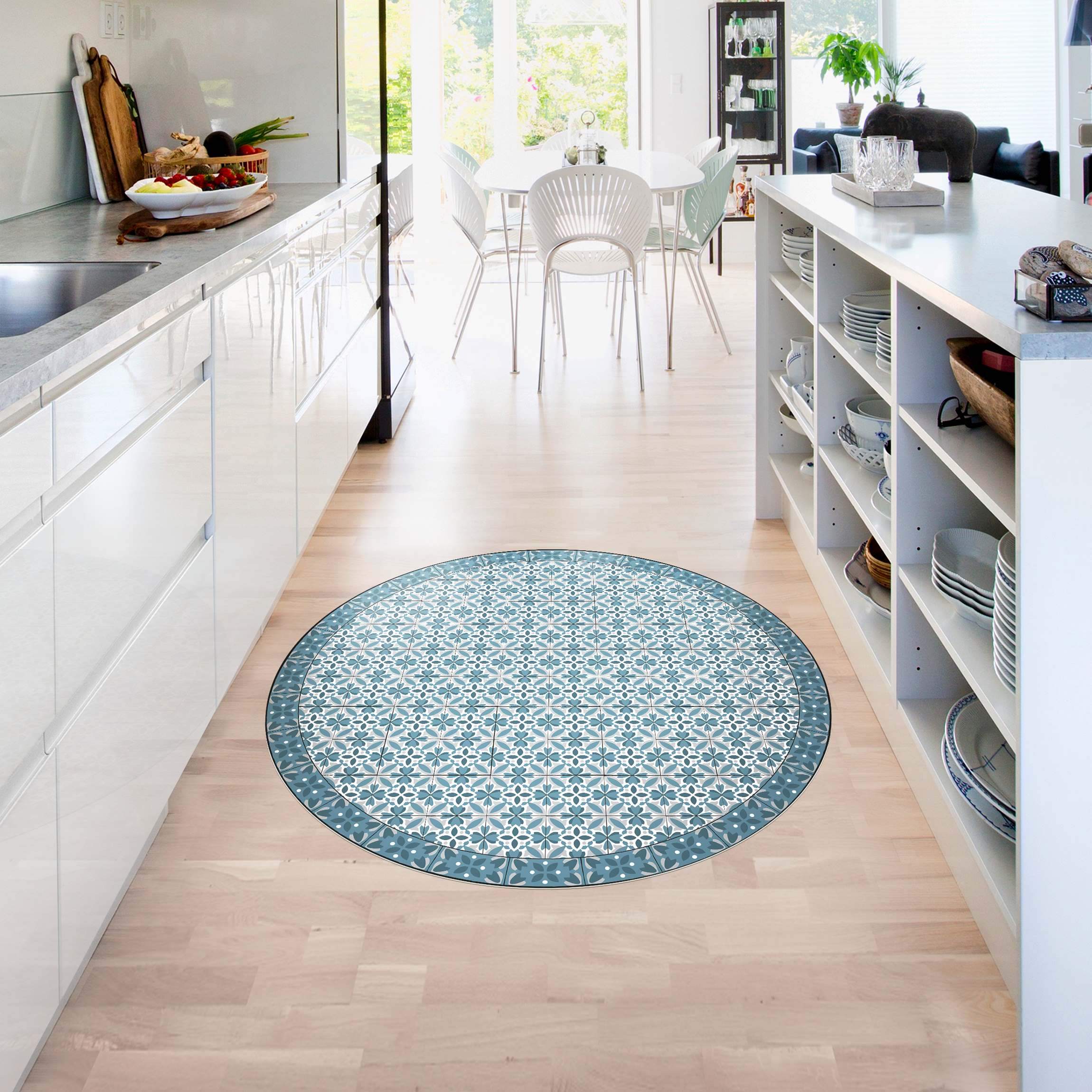 Runder Vinyl-Teppich Geometrischer Fliesenmix Blüte Blaugrau