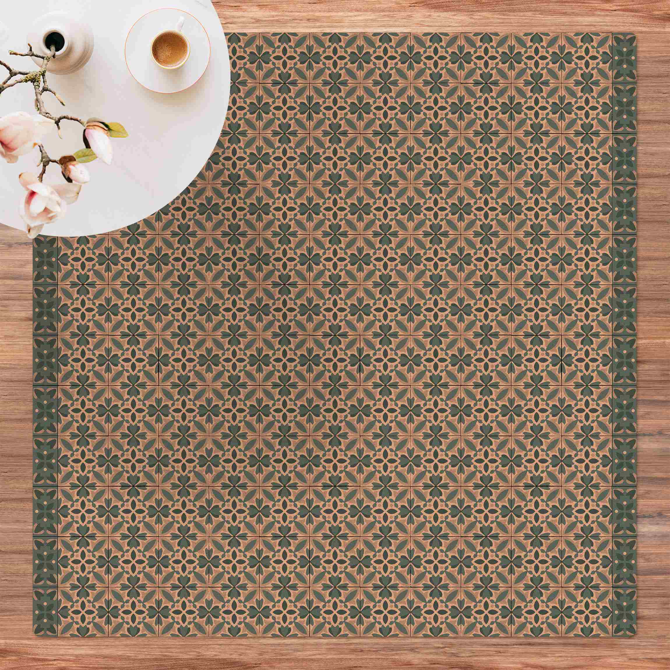 Kork-Teppich Geometrischer Fliesenmix Blüte Blaugrau