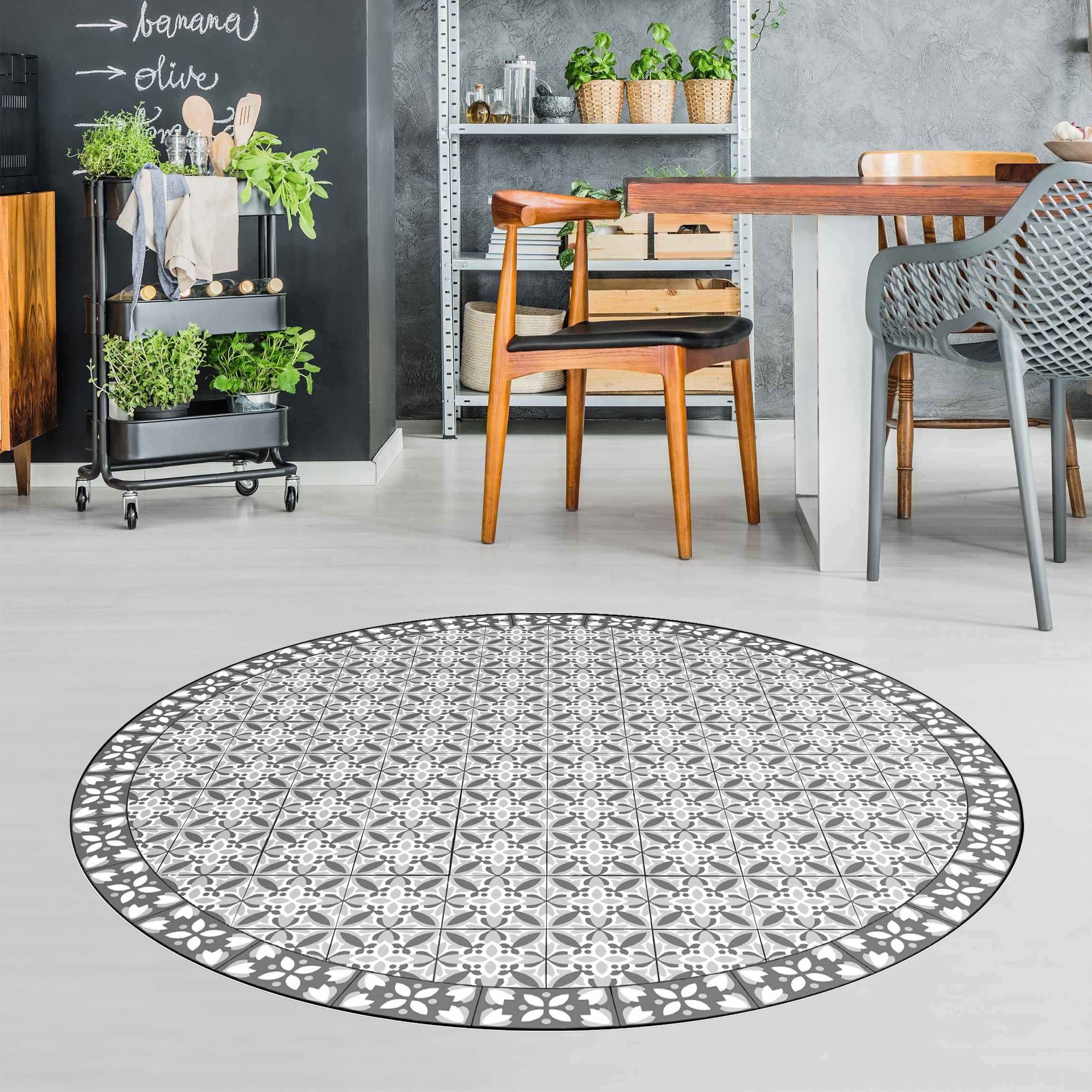 Runder Vinyl-Teppich Geometrischer Fliesenmix Blüte Grau