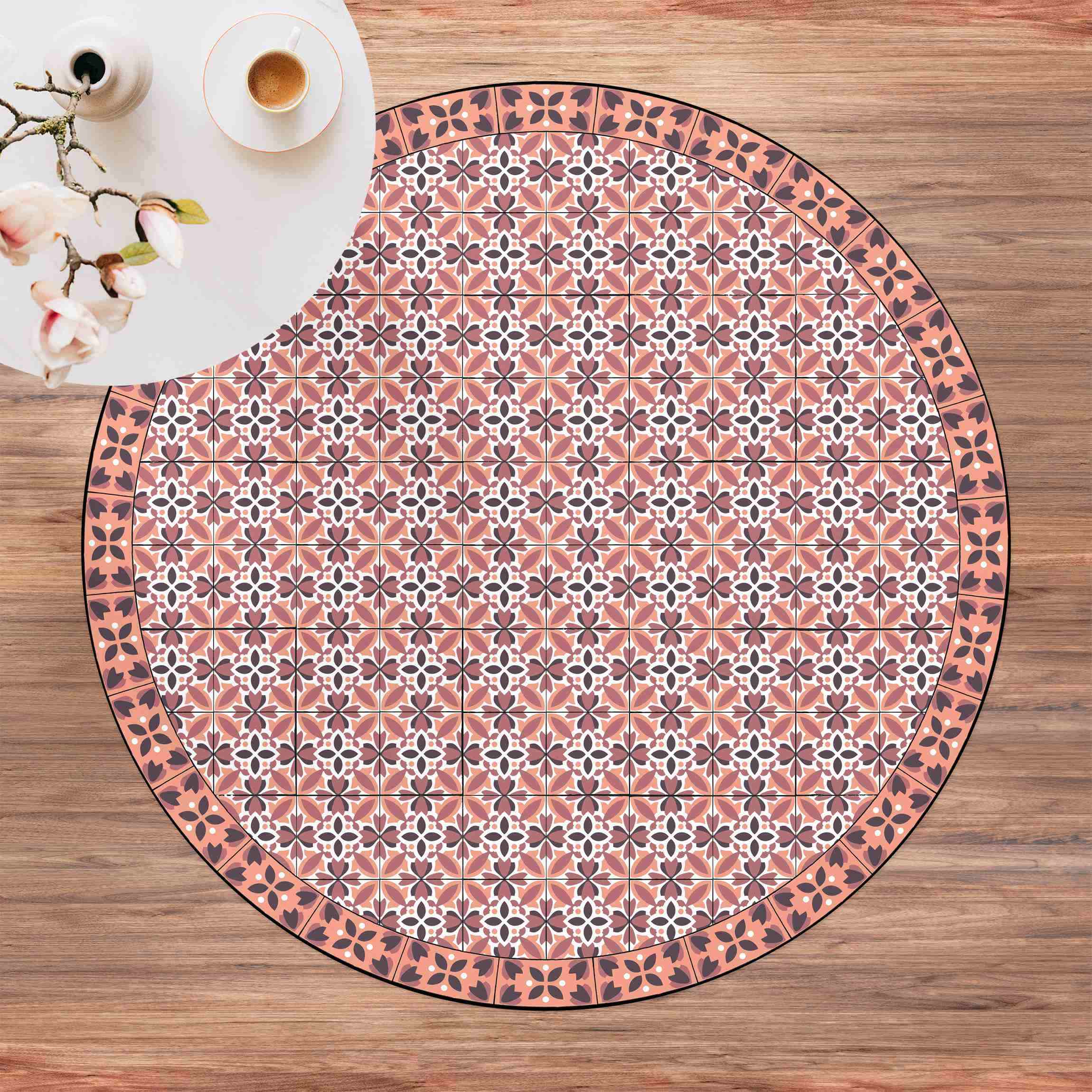 Runder Vinyl-Teppich Geometrischer Fliesenmix Blüte Orange