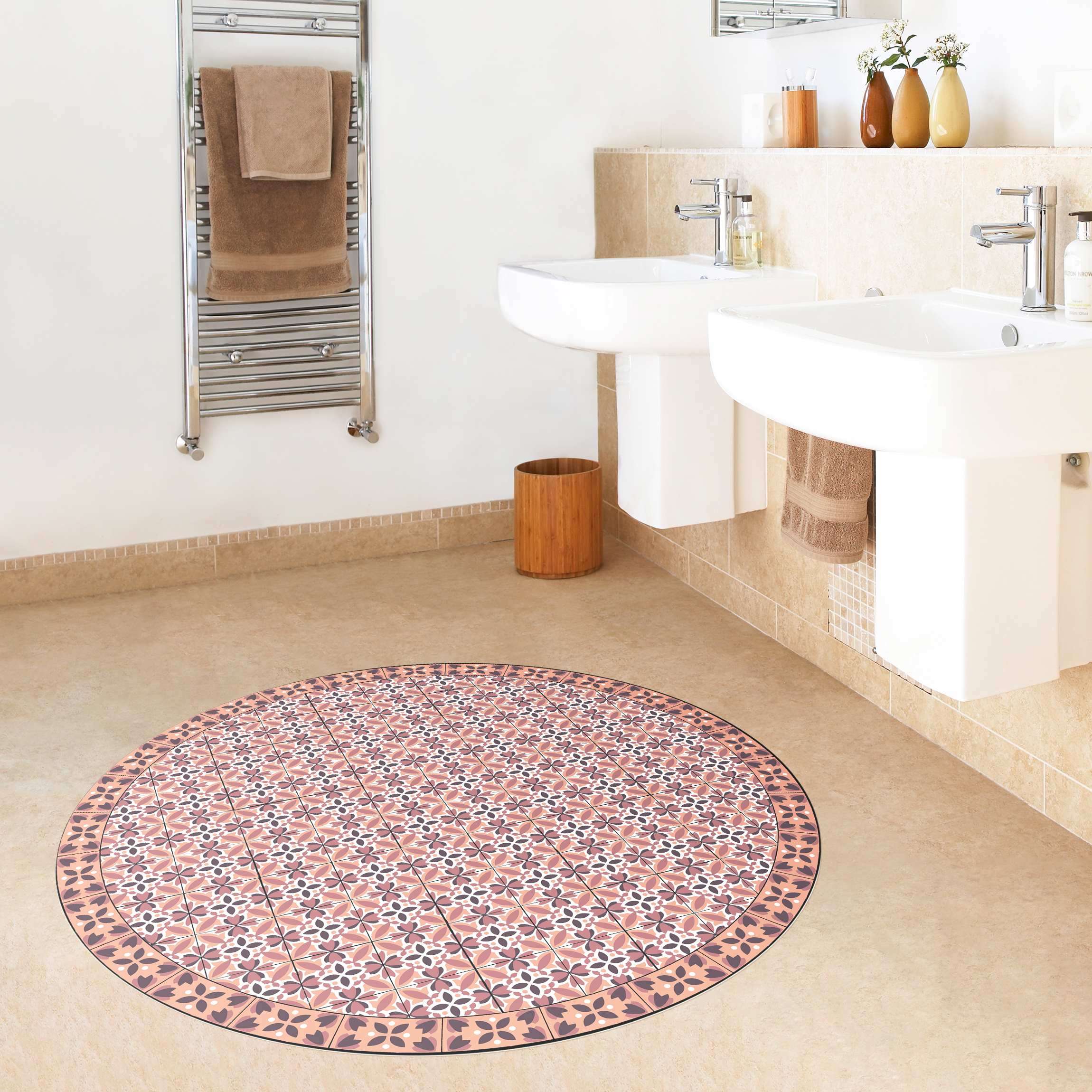 Runder Vinyl-Teppich Geometrischer Fliesenmix Blüte Orange