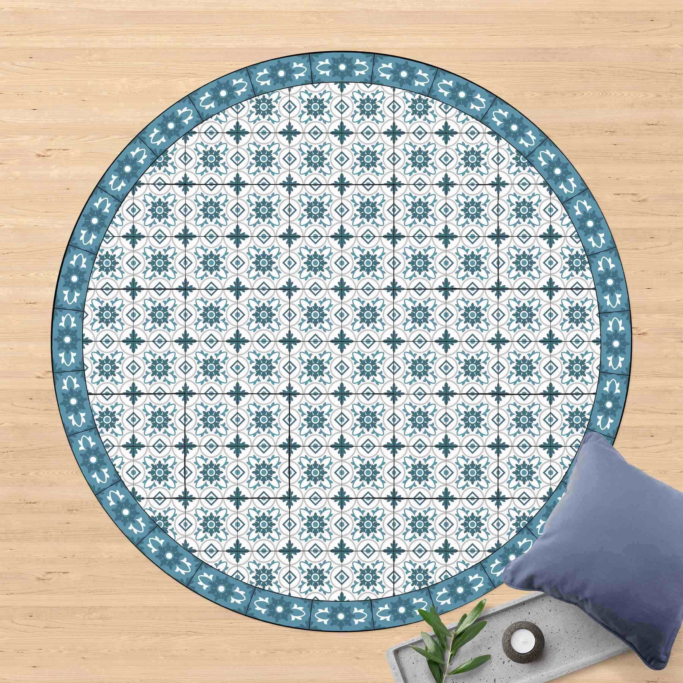 Runder Vinyl-Teppich Geometrischer Fliesenmix Blume Blaugrau