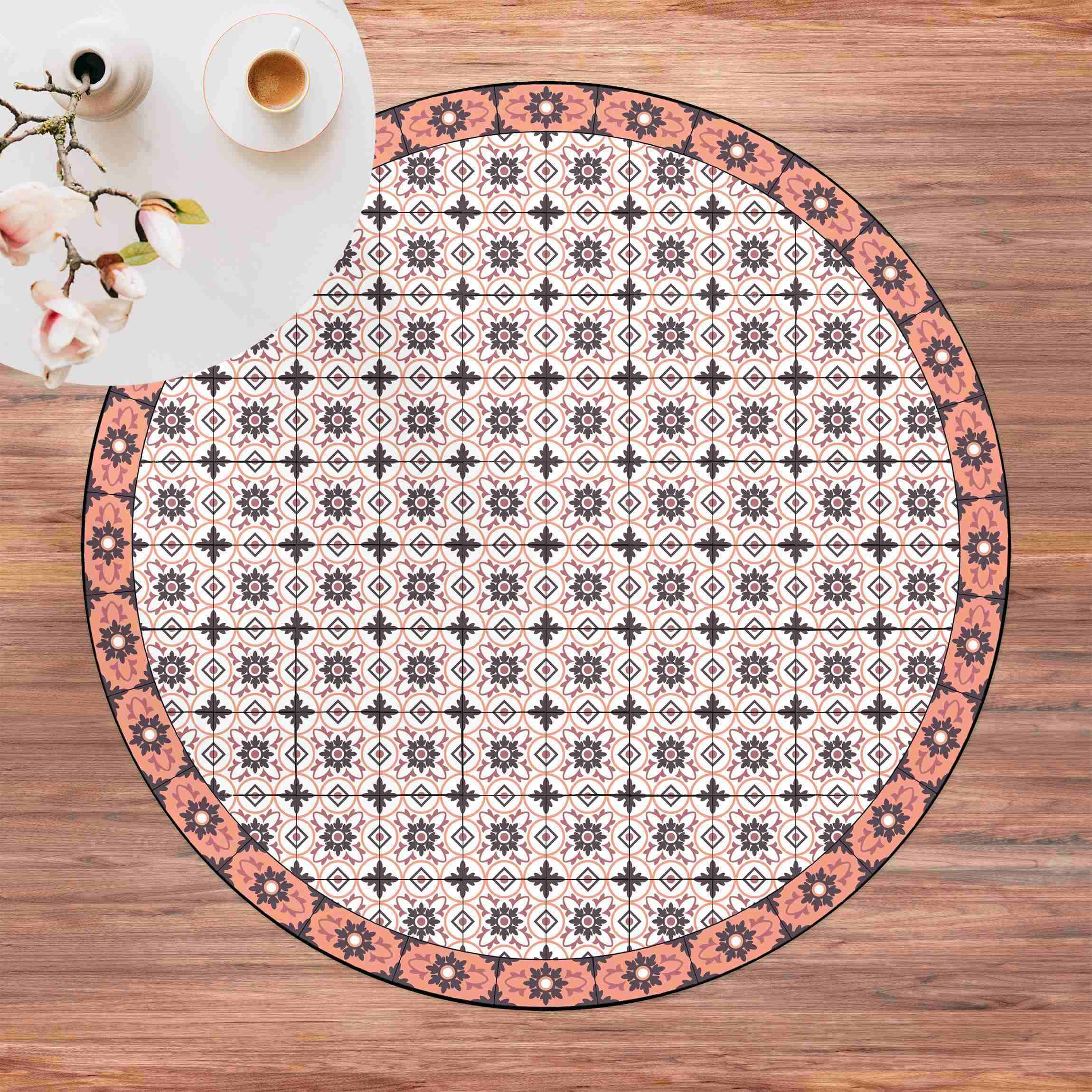Runder Vinyl-Teppich Geometrischer Fliesenmix Blume Orange