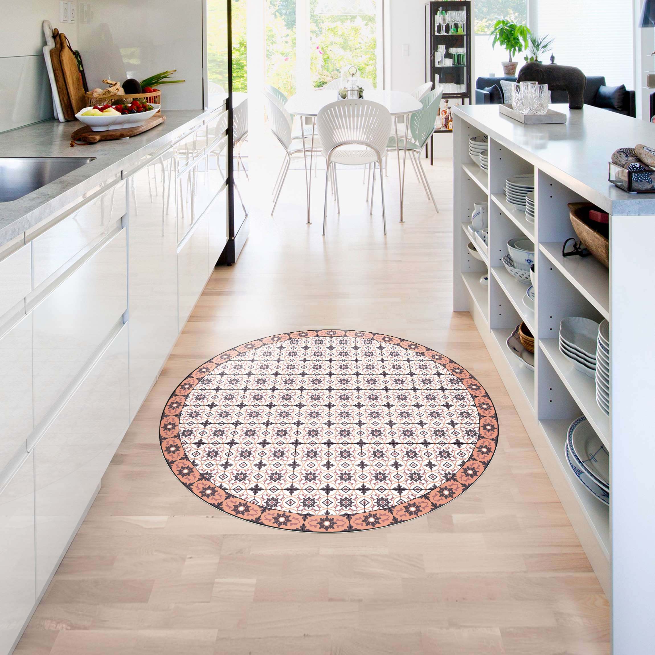 Runder Vinyl-Teppich Geometrischer Fliesenmix Blume Orange