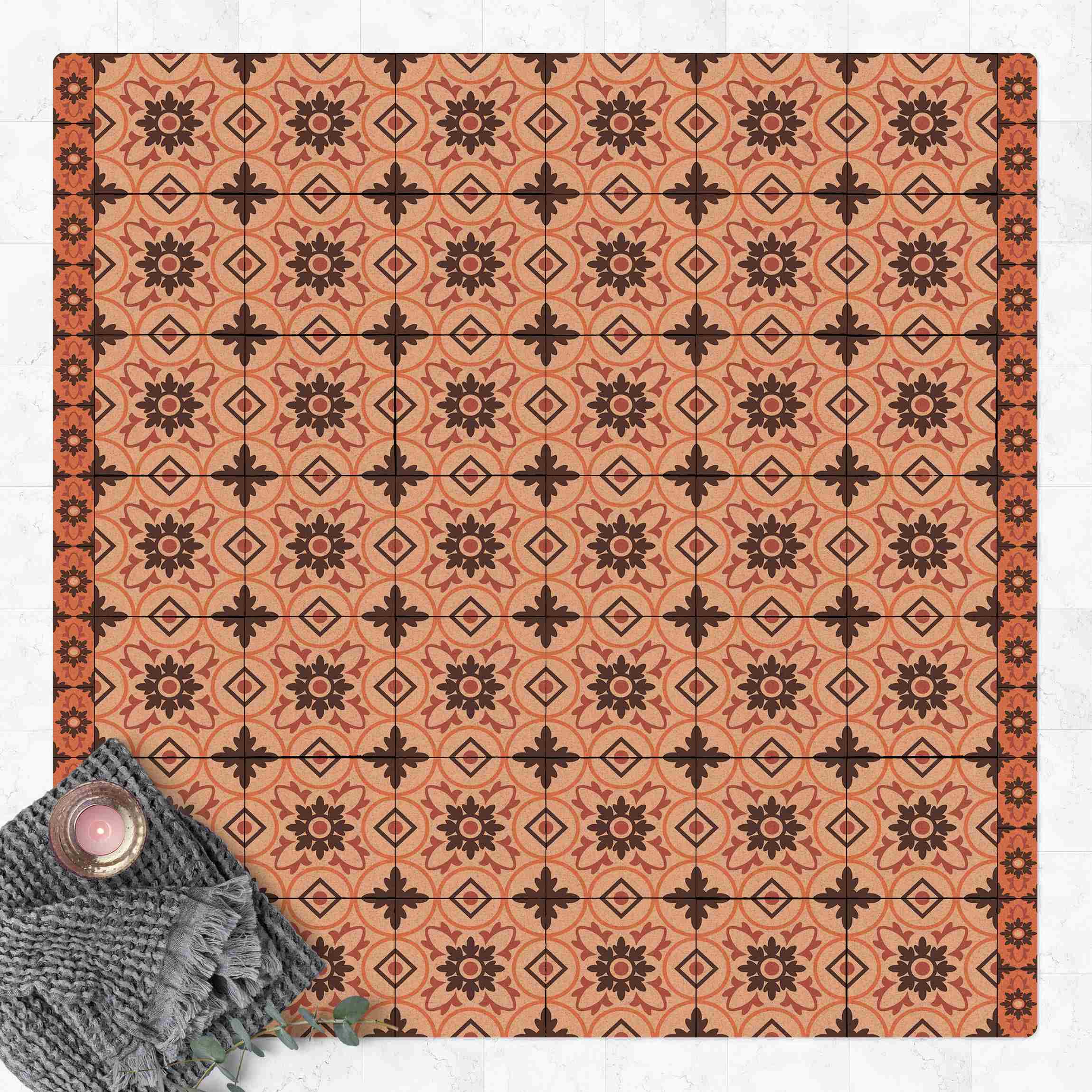 Kork-Teppich Geometrischer Fliesenmix Blume Orange