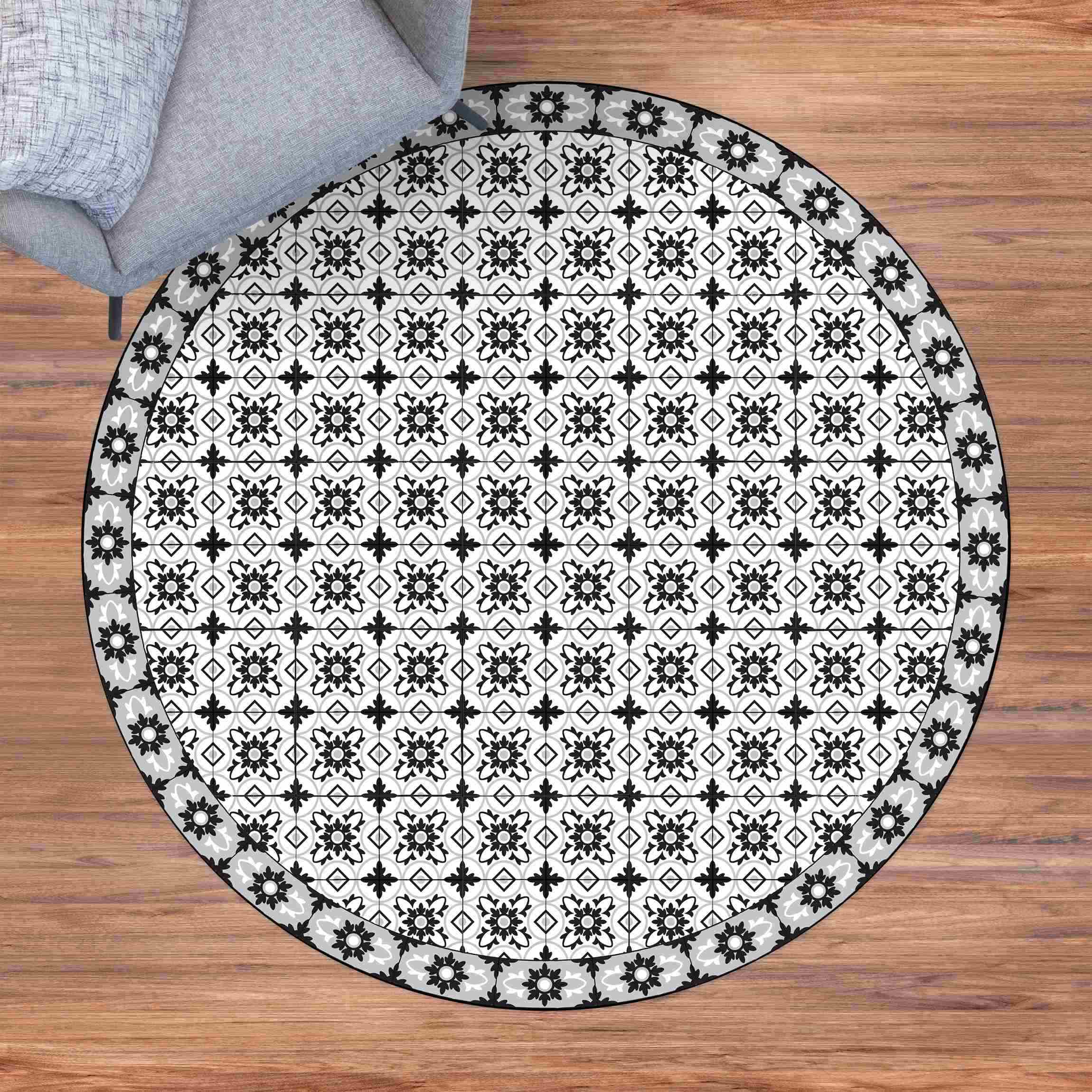 Runder Vinyl-Teppich Geometrischer Fliesenmix Blume Schwarz
