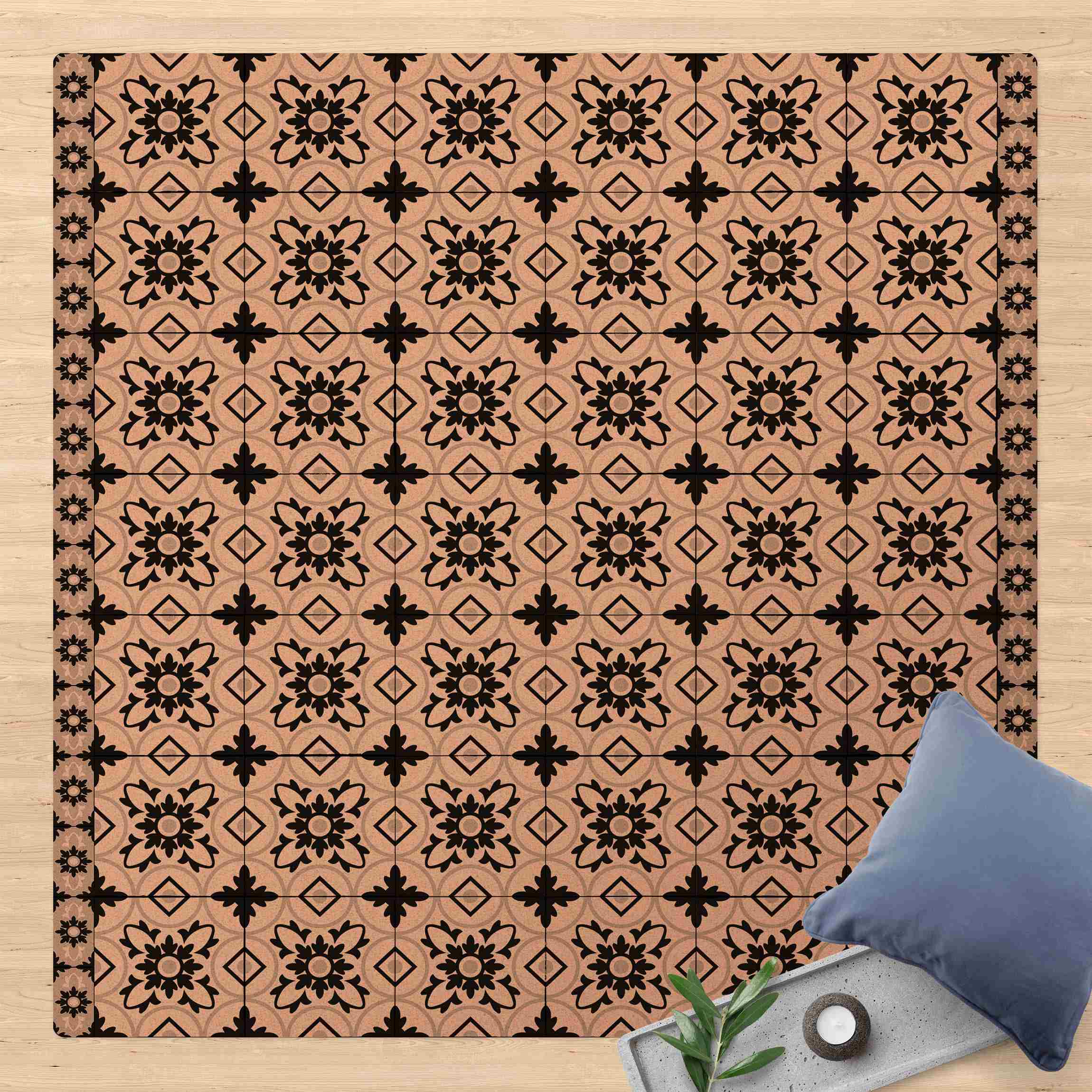 Kork-Teppich Geometrischer Fliesenmix Blume Schwarz