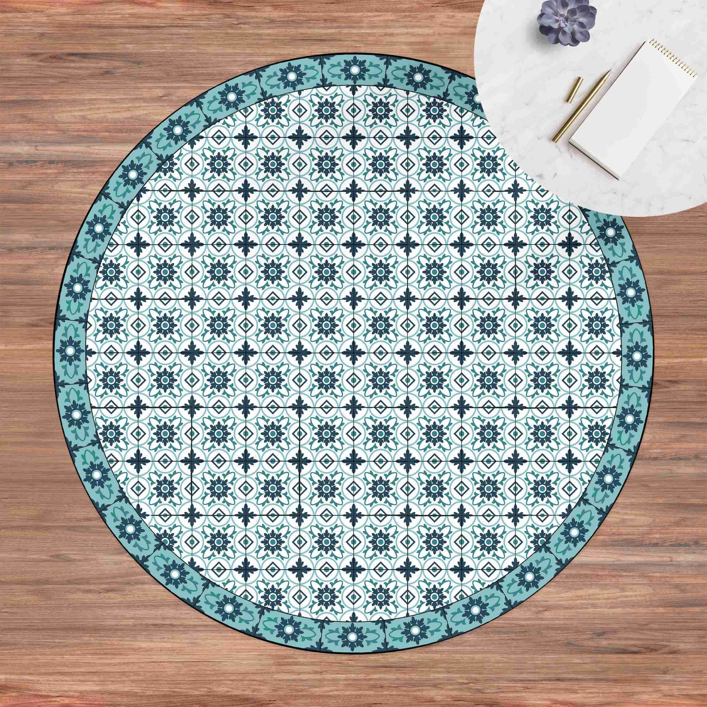 Runder Vinyl-Teppich Geometrischer Fliesenmix Blume Türkis