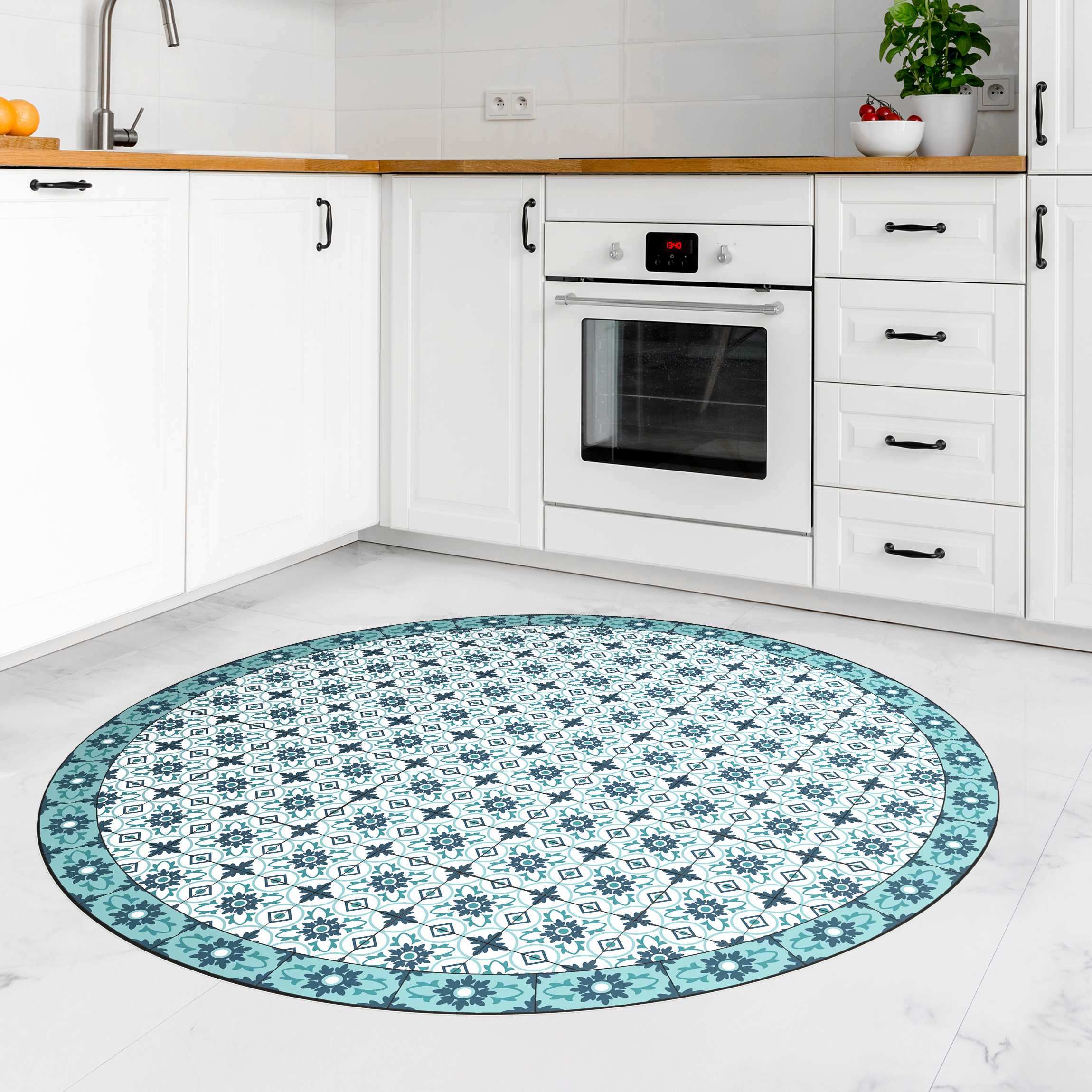 Runder Vinyl-Teppich Geometrischer Fliesenmix Blume Türkis