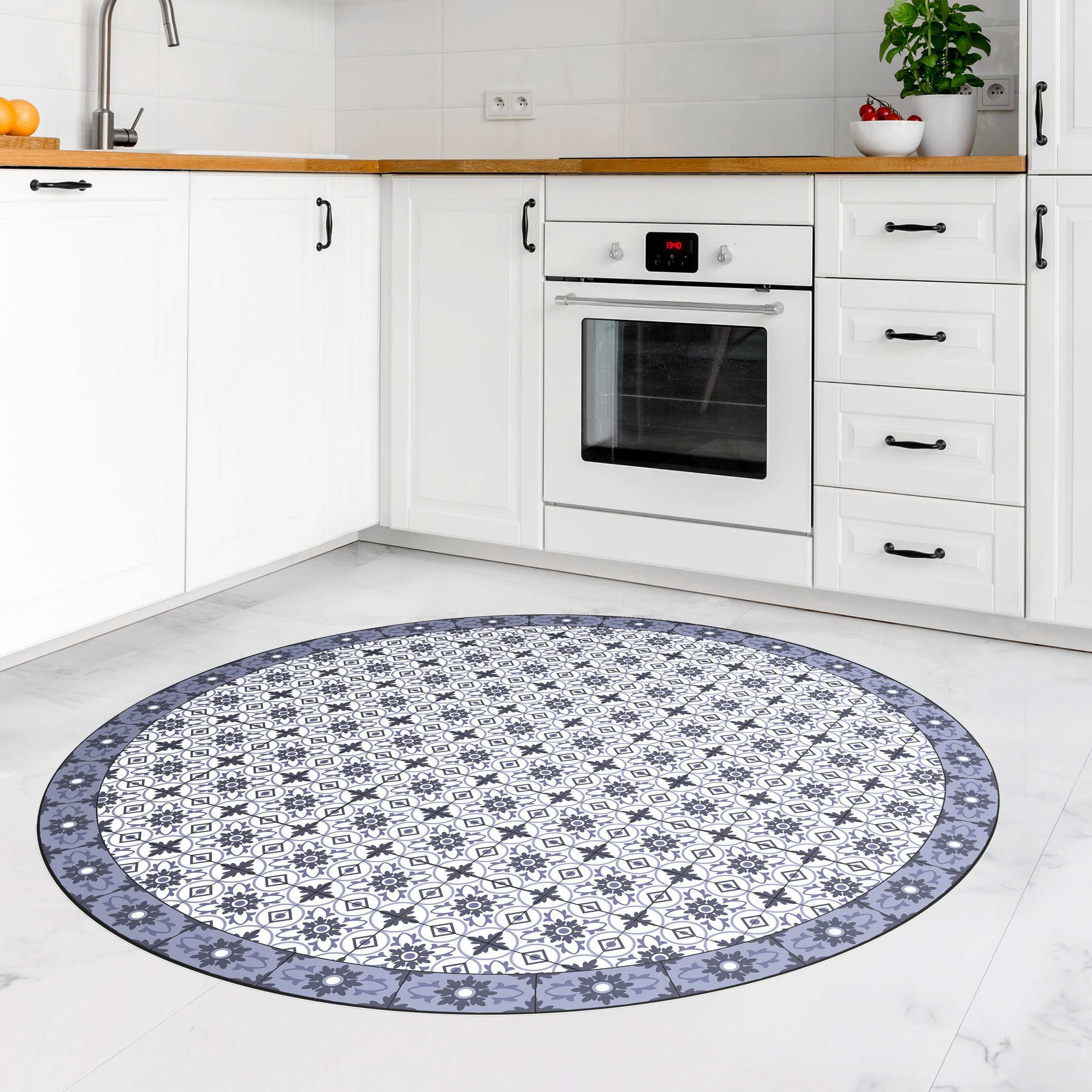 Runder Vinyl-Teppich Geometrischer Fliesenmix Blume Violett