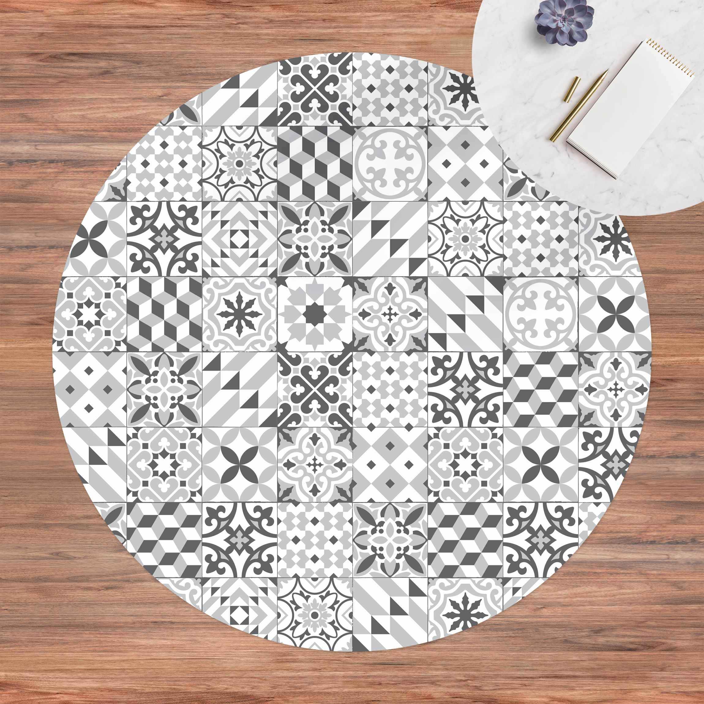 Runder Vinyl-Teppich Geometrischer Fliesenmix Grau