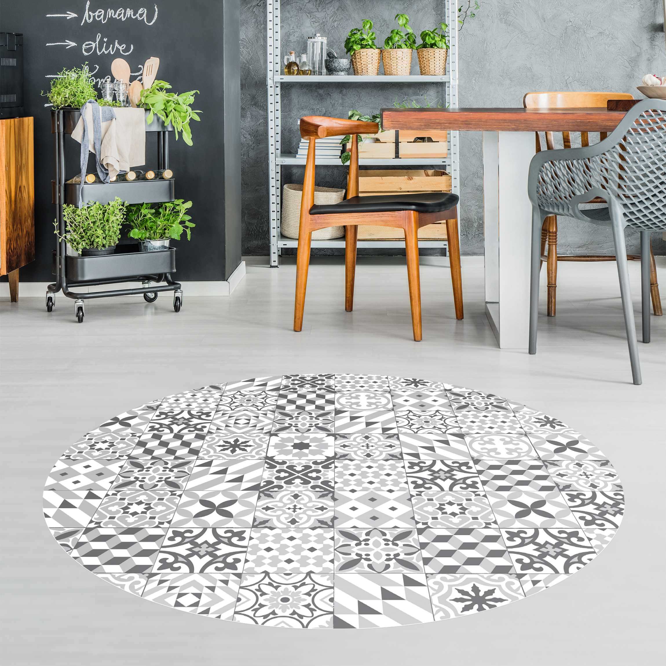 Runder Vinyl-Teppich Geometrischer Fliesenmix Grau