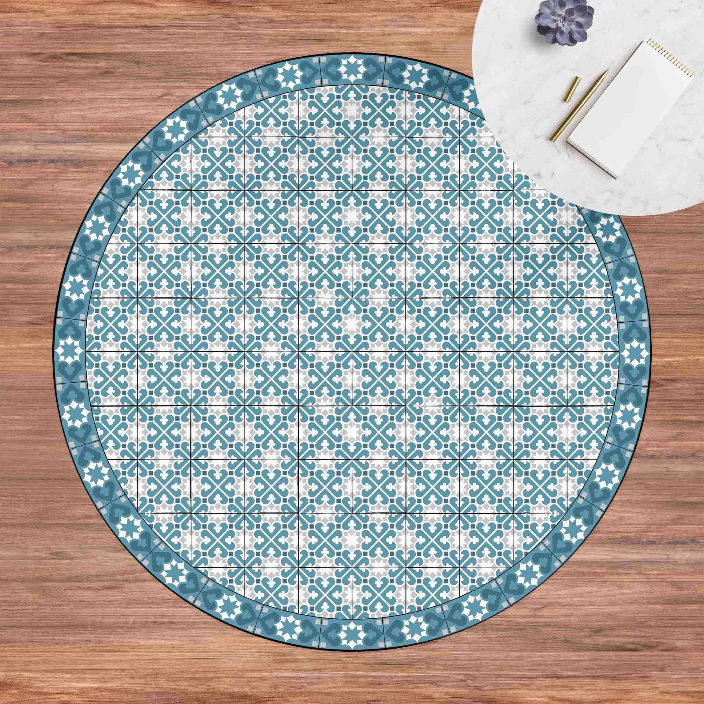 Runder Vinyl-Teppich Geometrischer Fliesenmix Herzen Blaugrau