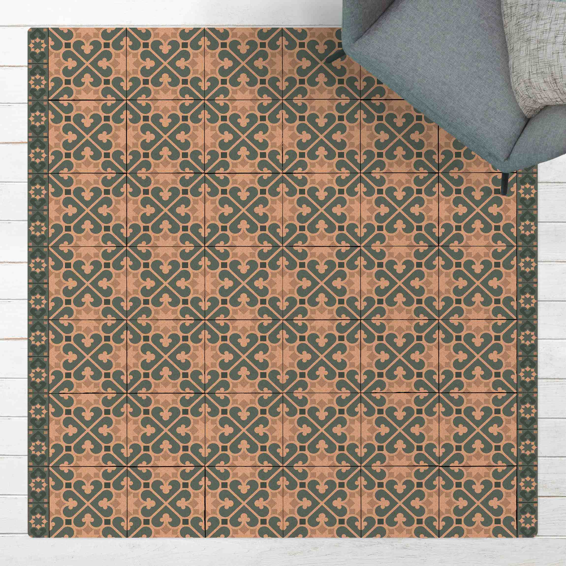 Kork-Teppich Geometrischer Fliesenmix Herzen Blaugrau