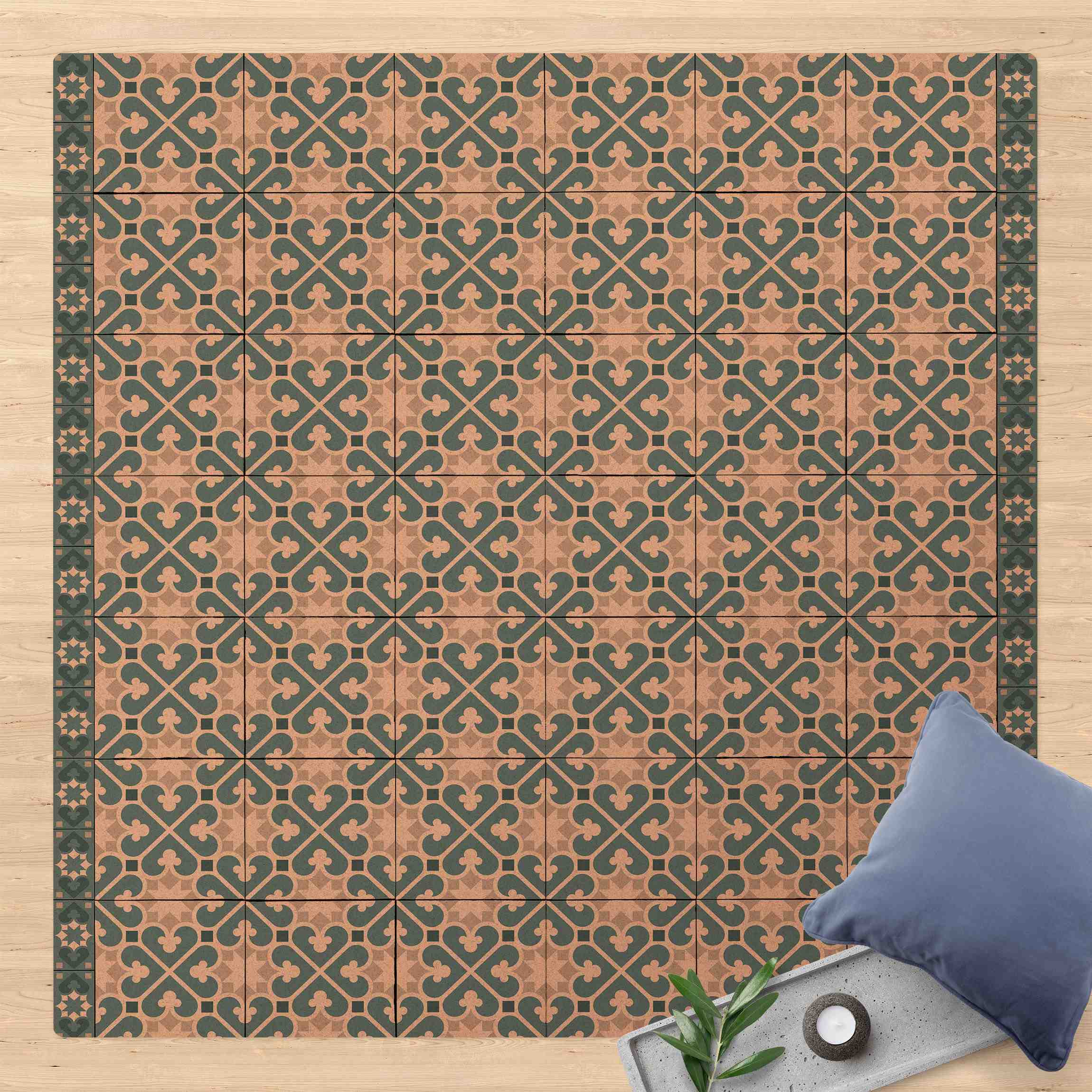Kork-Teppich Geometrischer Fliesenmix Herzen Blaugrau