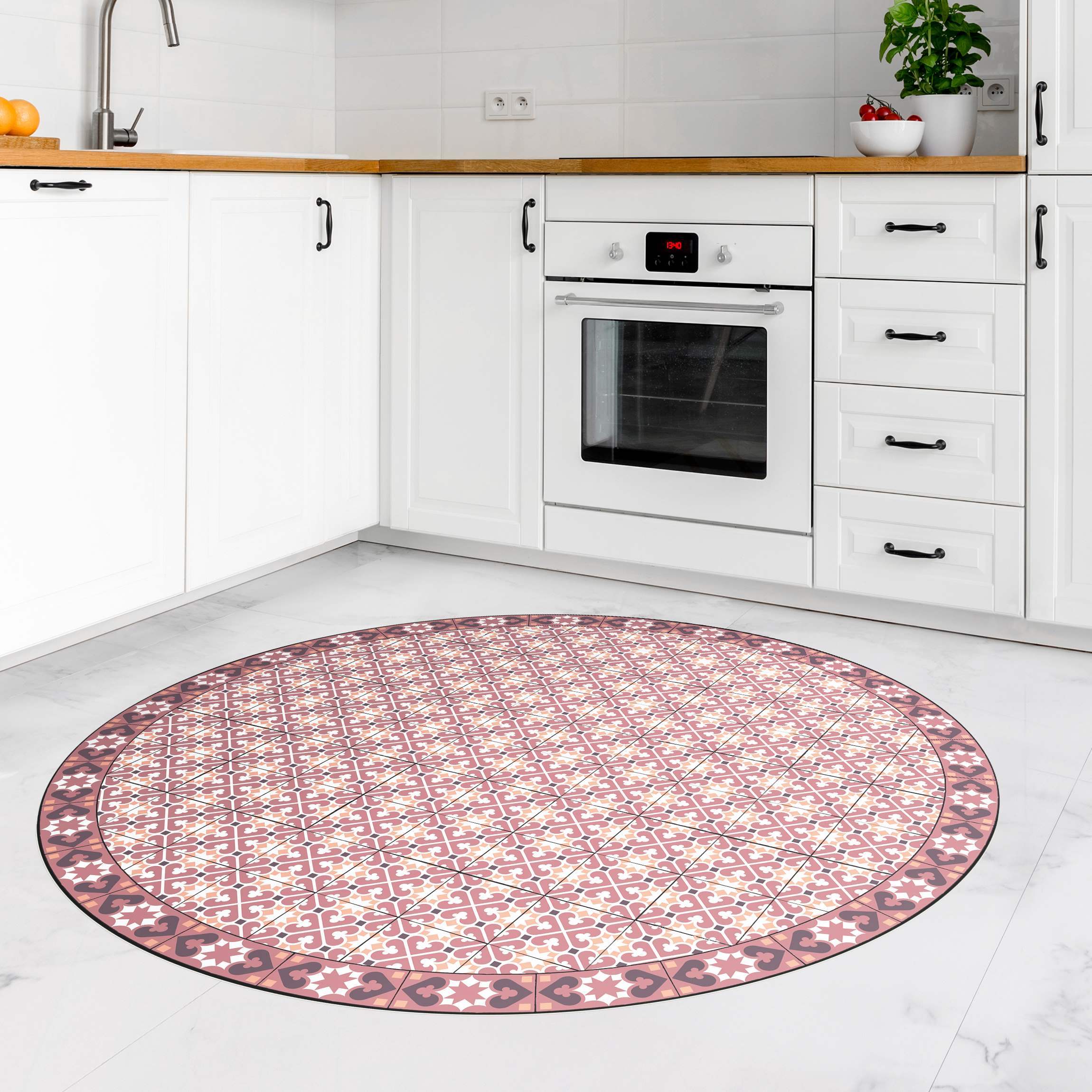 Runder Vinyl-Teppich Geometrischer Fliesenmix Herzen Orange