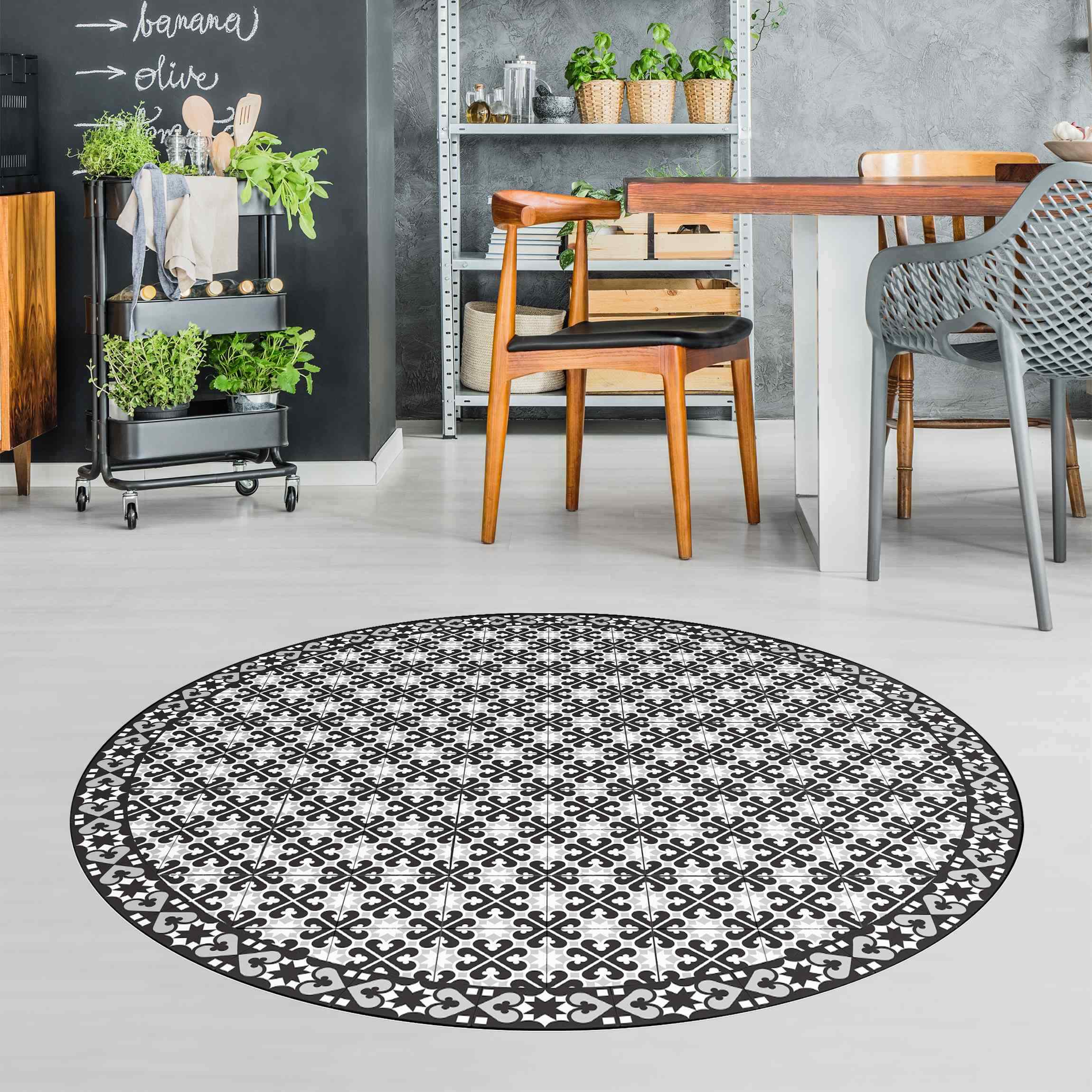 Runder Vinyl-Teppich Geometrischer Fliesenmix Herzen Schwarz