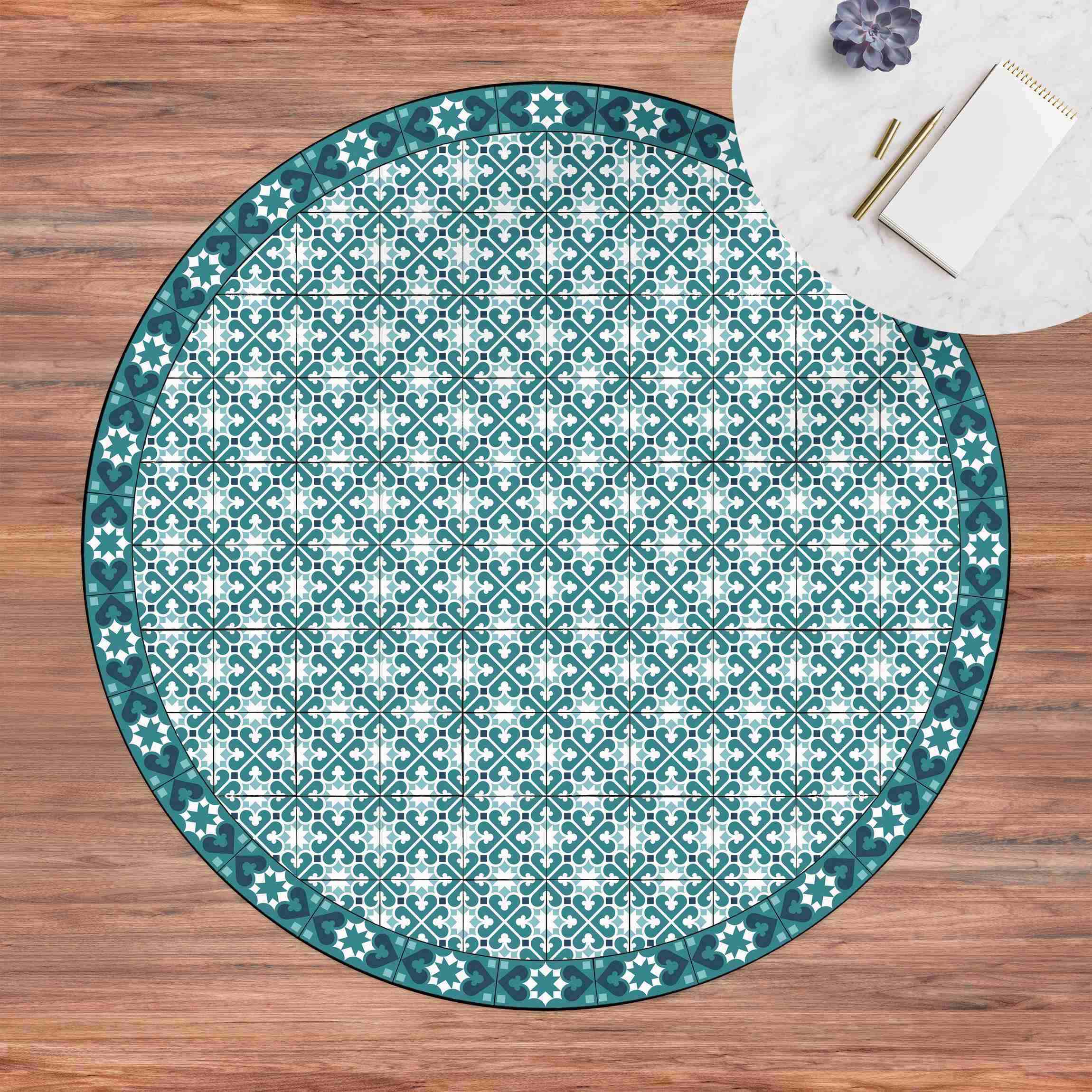 Runder Vinyl-Teppich Geometrischer Fliesenmix Herzen Türkis
