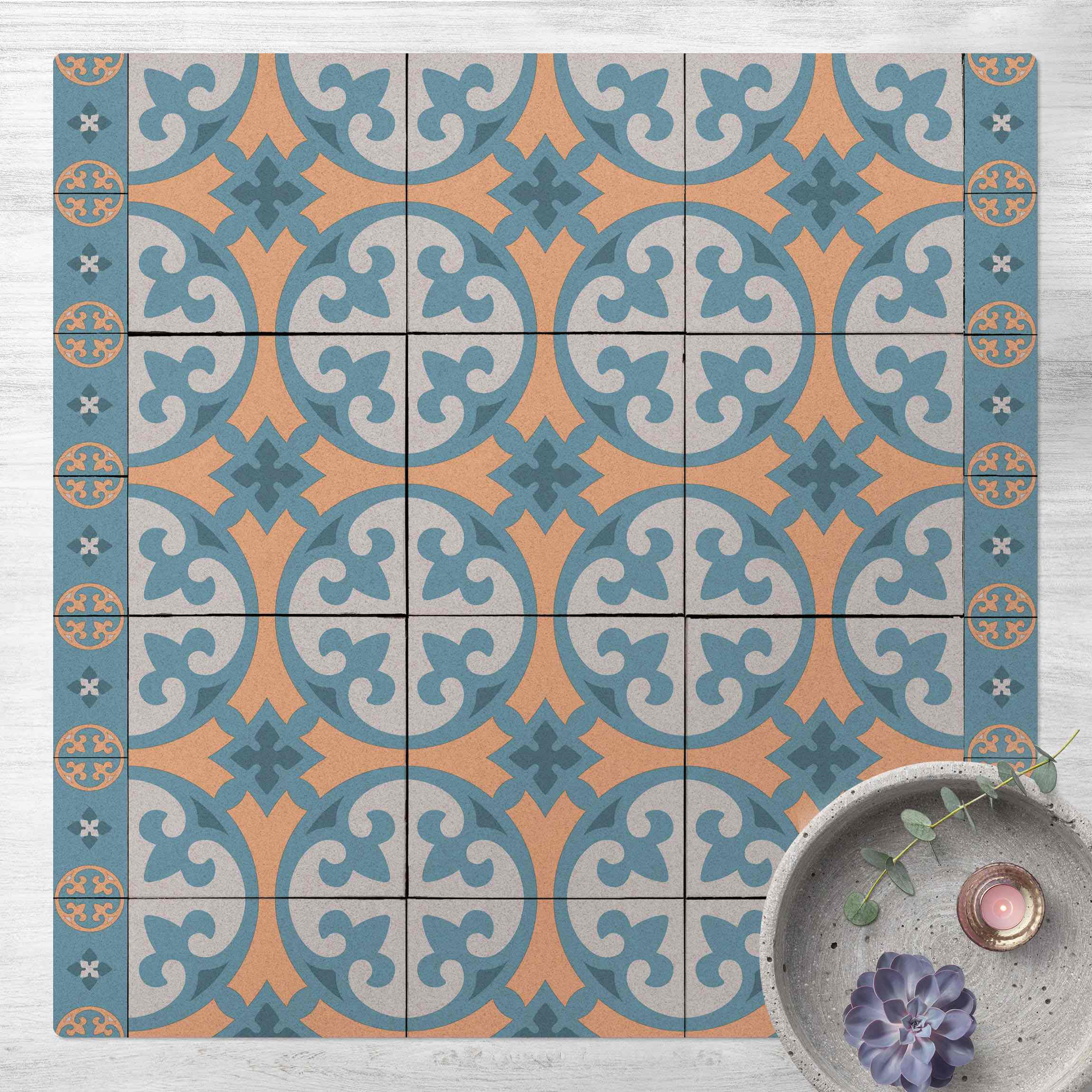Kork-Teppich Geometrischer Fliesenmix Kreise Blaugrau