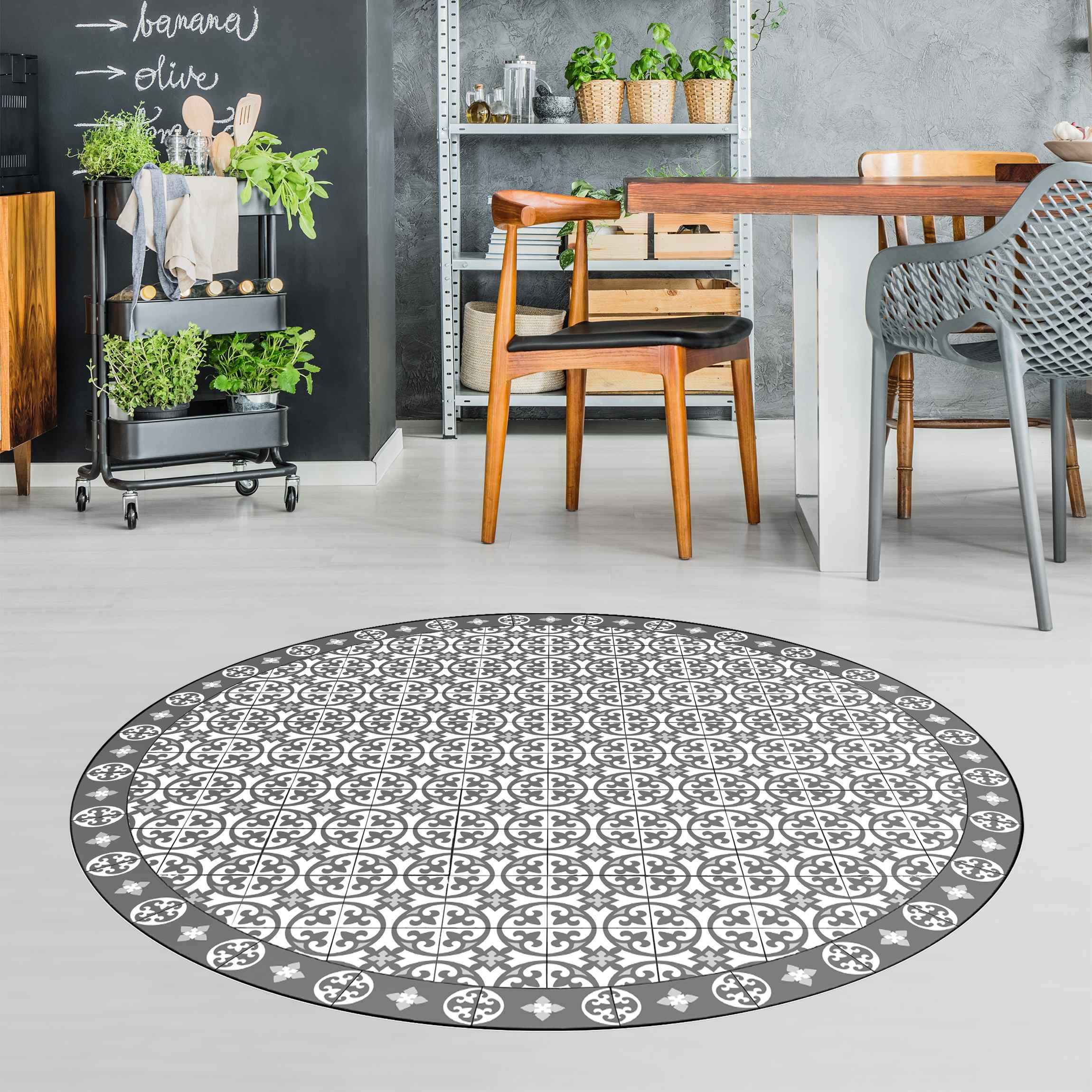 Runder Vinyl-Teppich Geometrischer Fliesenmix Kreise Grau