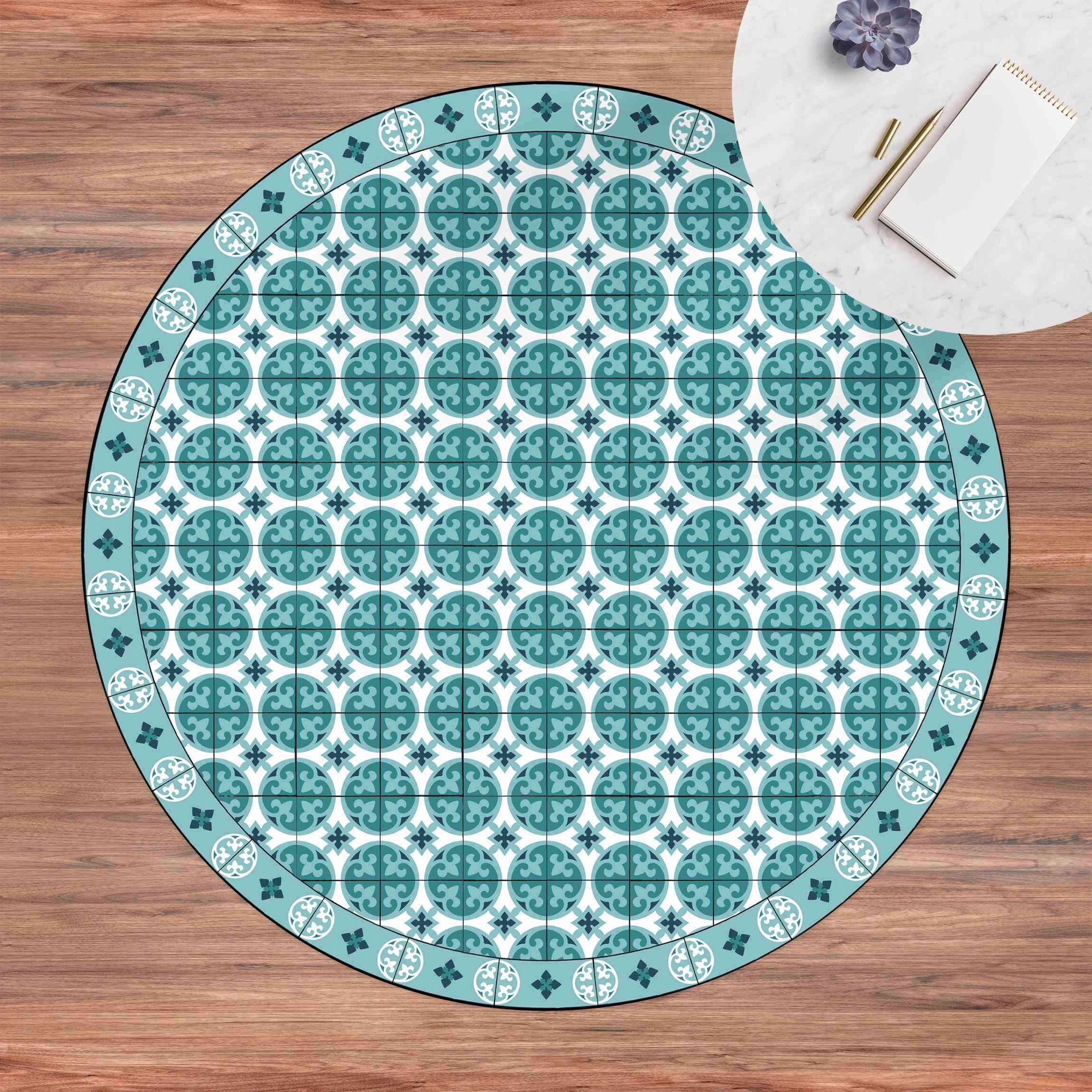 Runder Vinyl-Teppich Geometrischer Fliesenmix Kreise Türkis