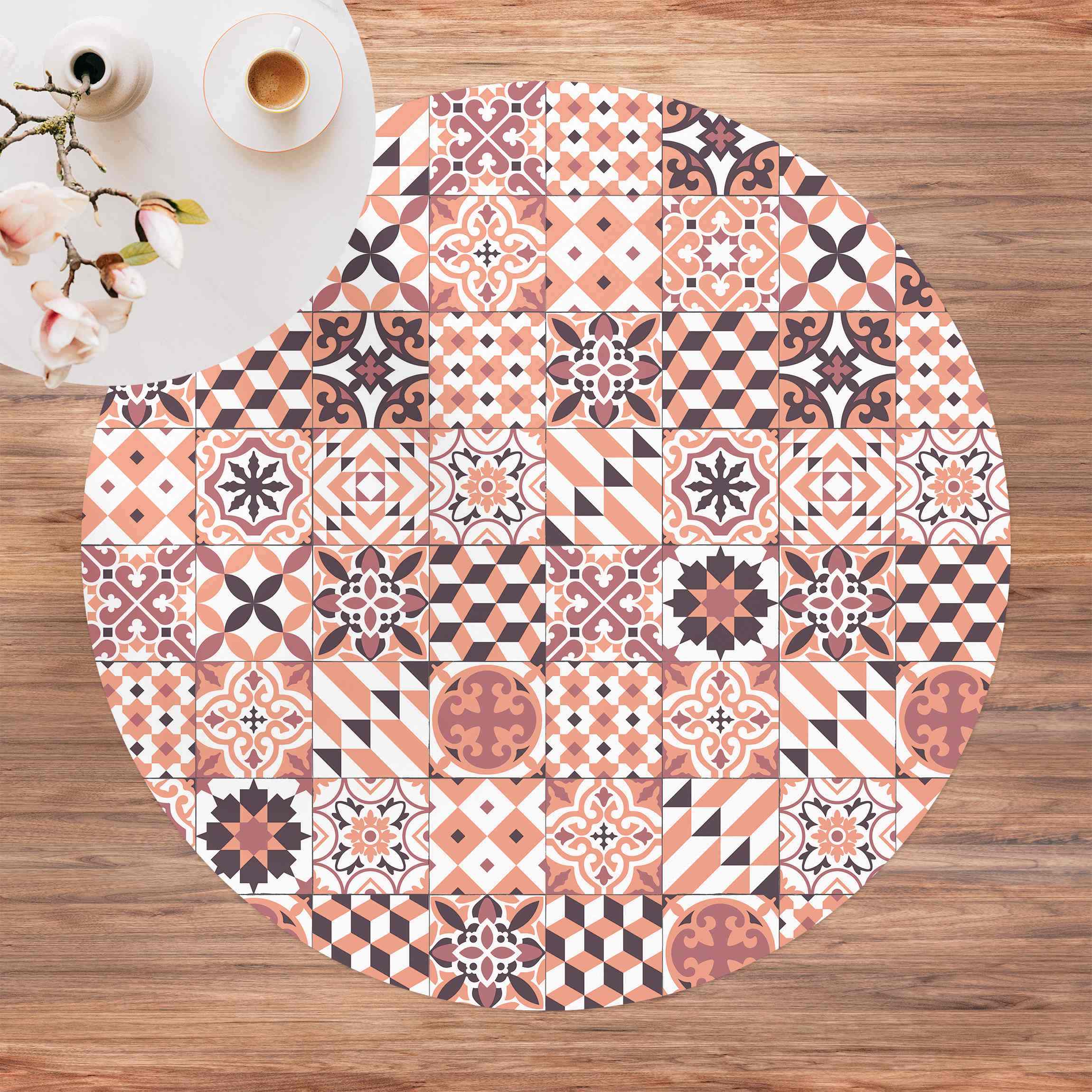 Runder Vinyl-Teppich Geometrischer Fliesenmix Orange