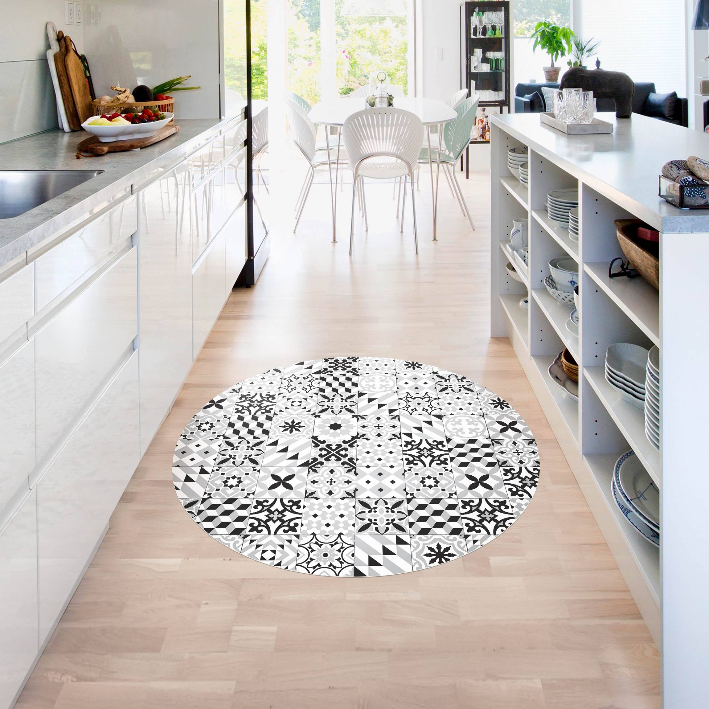 Runder Vinyl-Teppich Geometrischer Fliesenmix Schwarz