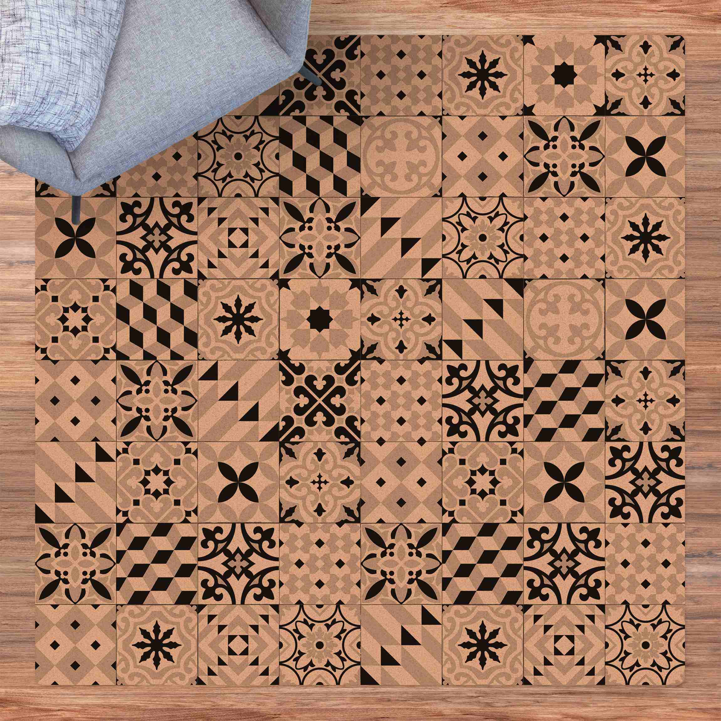 Kork-Teppich Geometrischer Fliesenmix Schwarz
