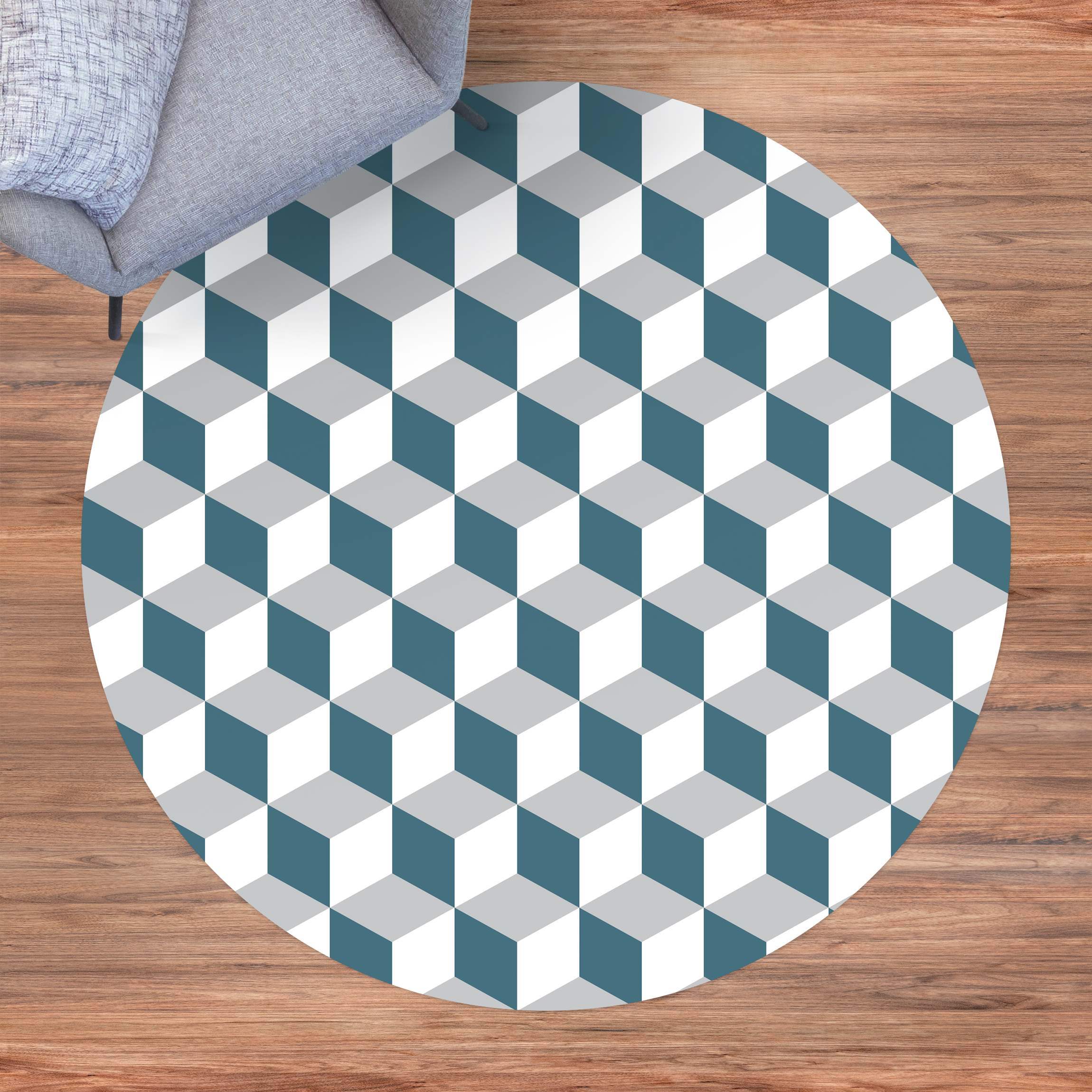 Runder Vinyl-Teppich Geometrischer Fliesenmix Würfel Blaugrau