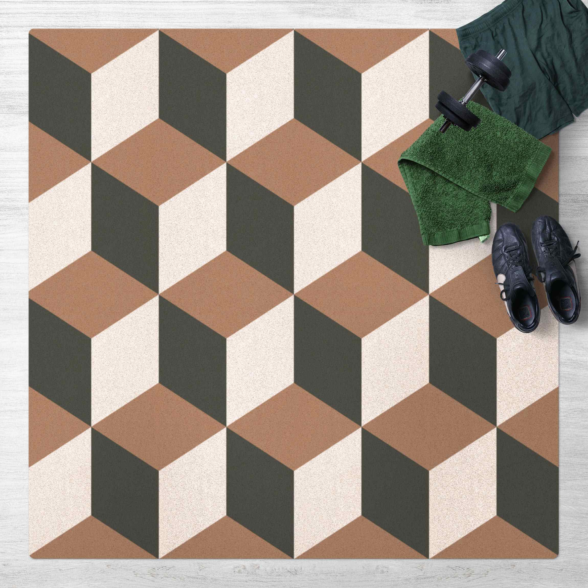 Kork-Teppich Geometrischer Fliesenmix Würfel Blaugrau