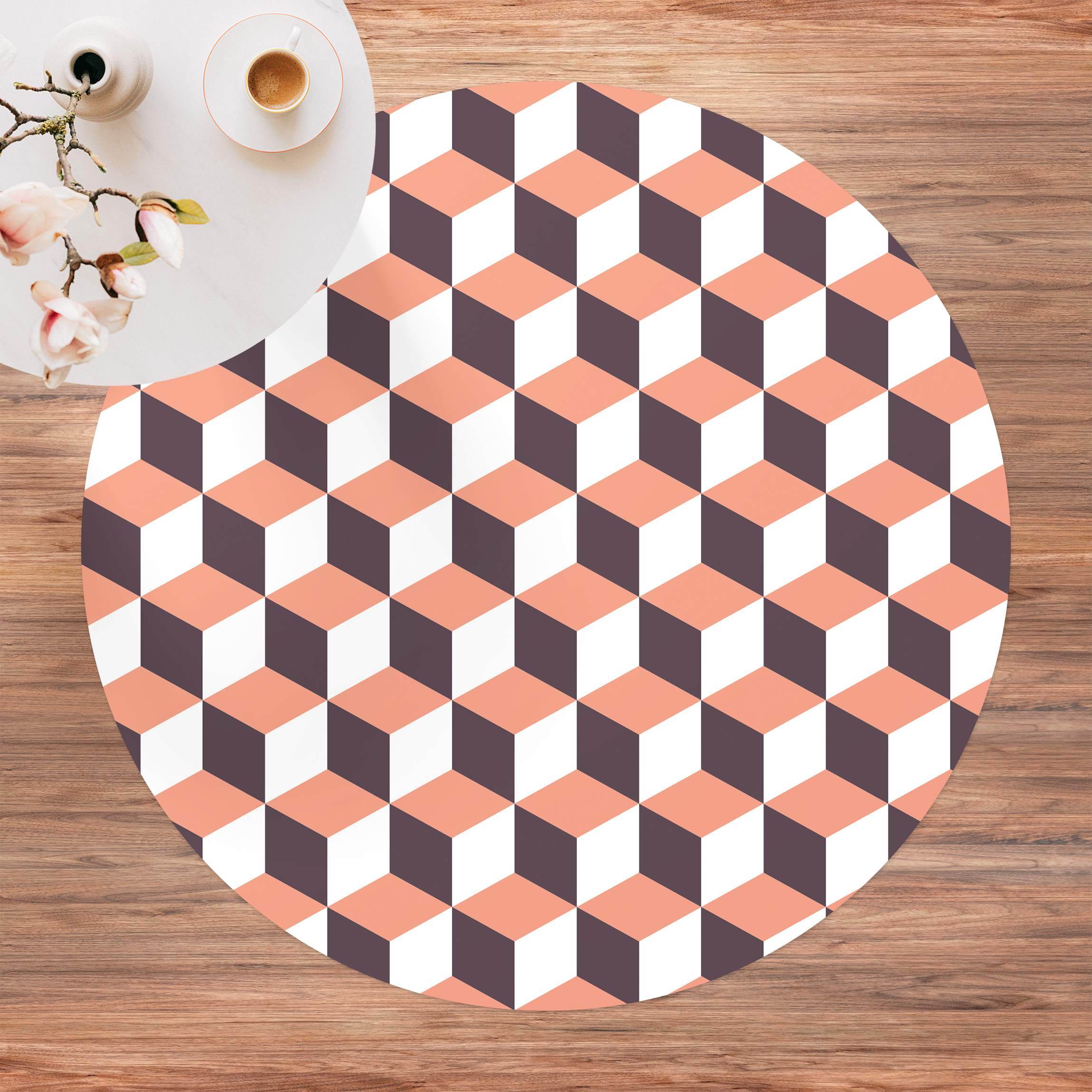 Runder Vinyl-Teppich Geometrischer Fliesenmix Würfel Orange