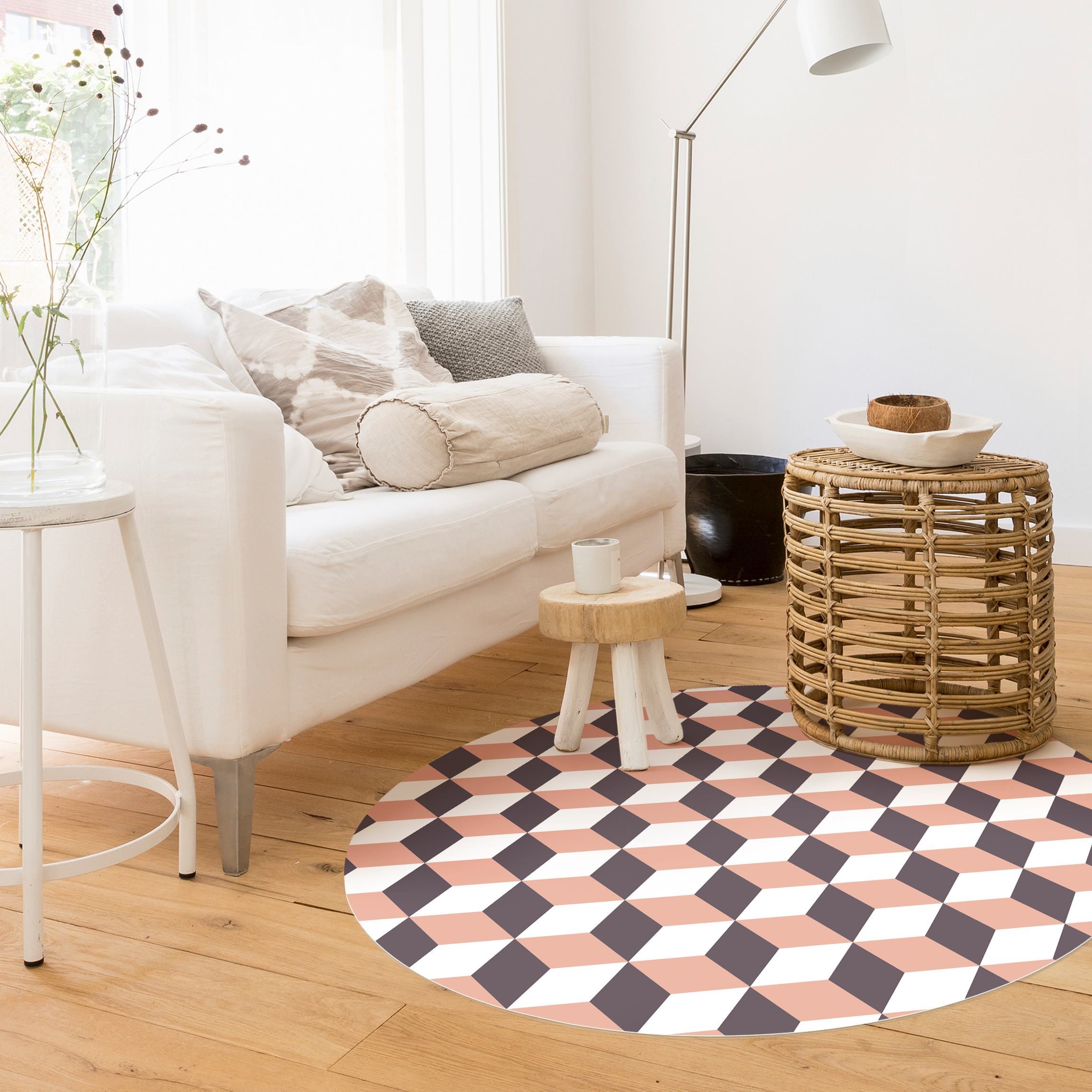 Runder Vinyl-Teppich Geometrischer Fliesenmix Würfel Orange