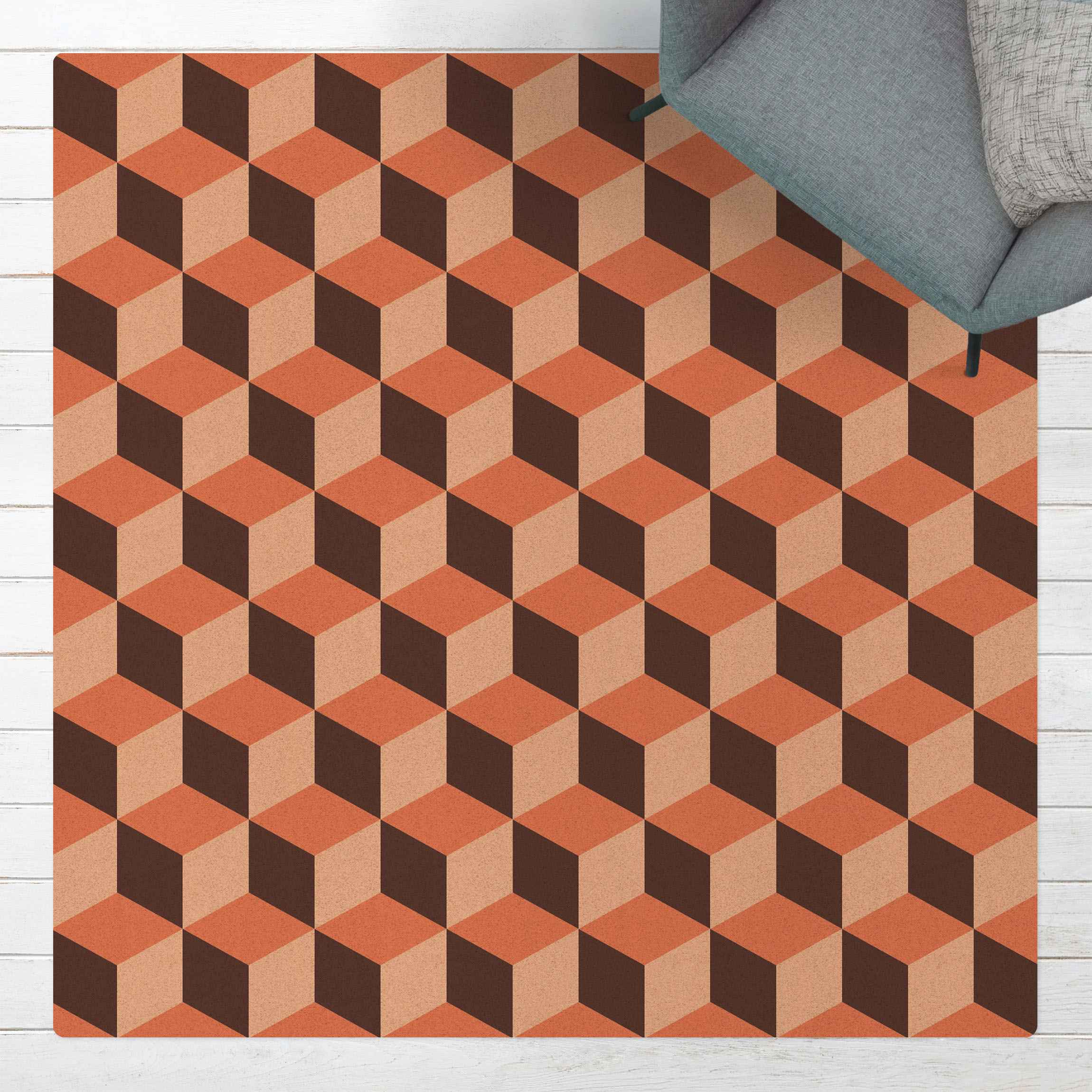 Kork-Teppich Geometrischer Fliesenmix Würfel Orange