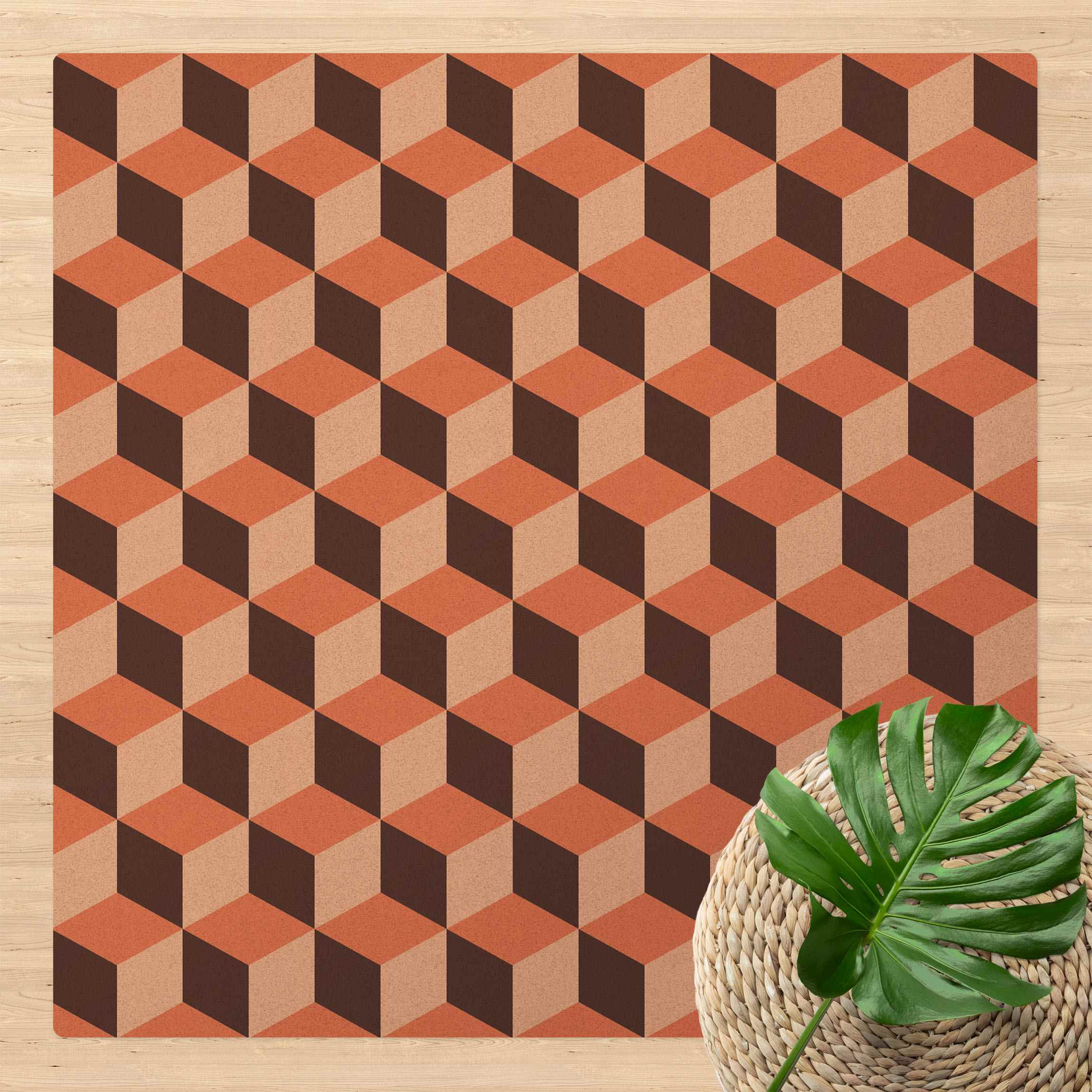 Kork-Teppich Geometrischer Fliesenmix Würfel Orange