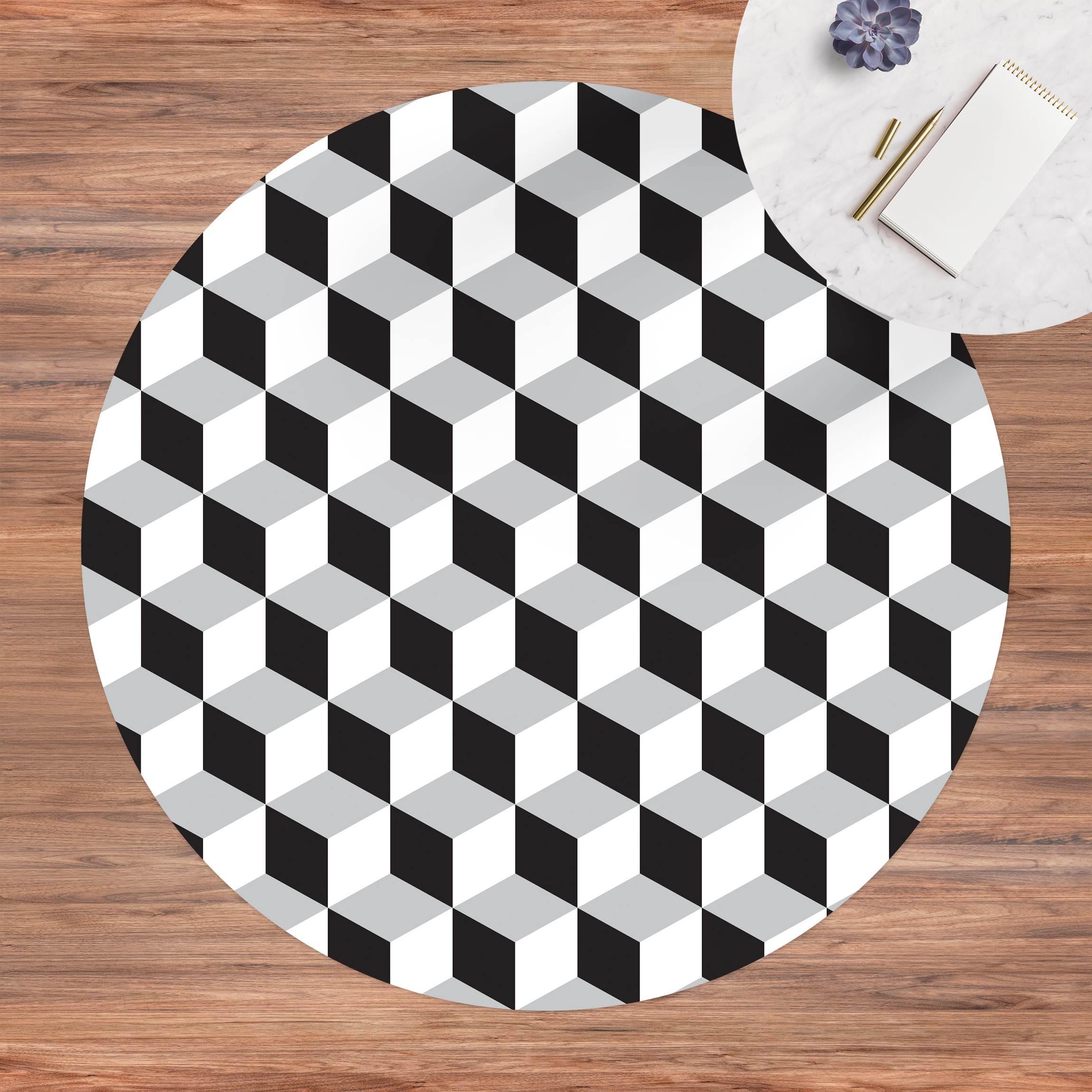 Runder Vinyl-Teppich Geometrischer Fliesenmix Würfel Schwarz