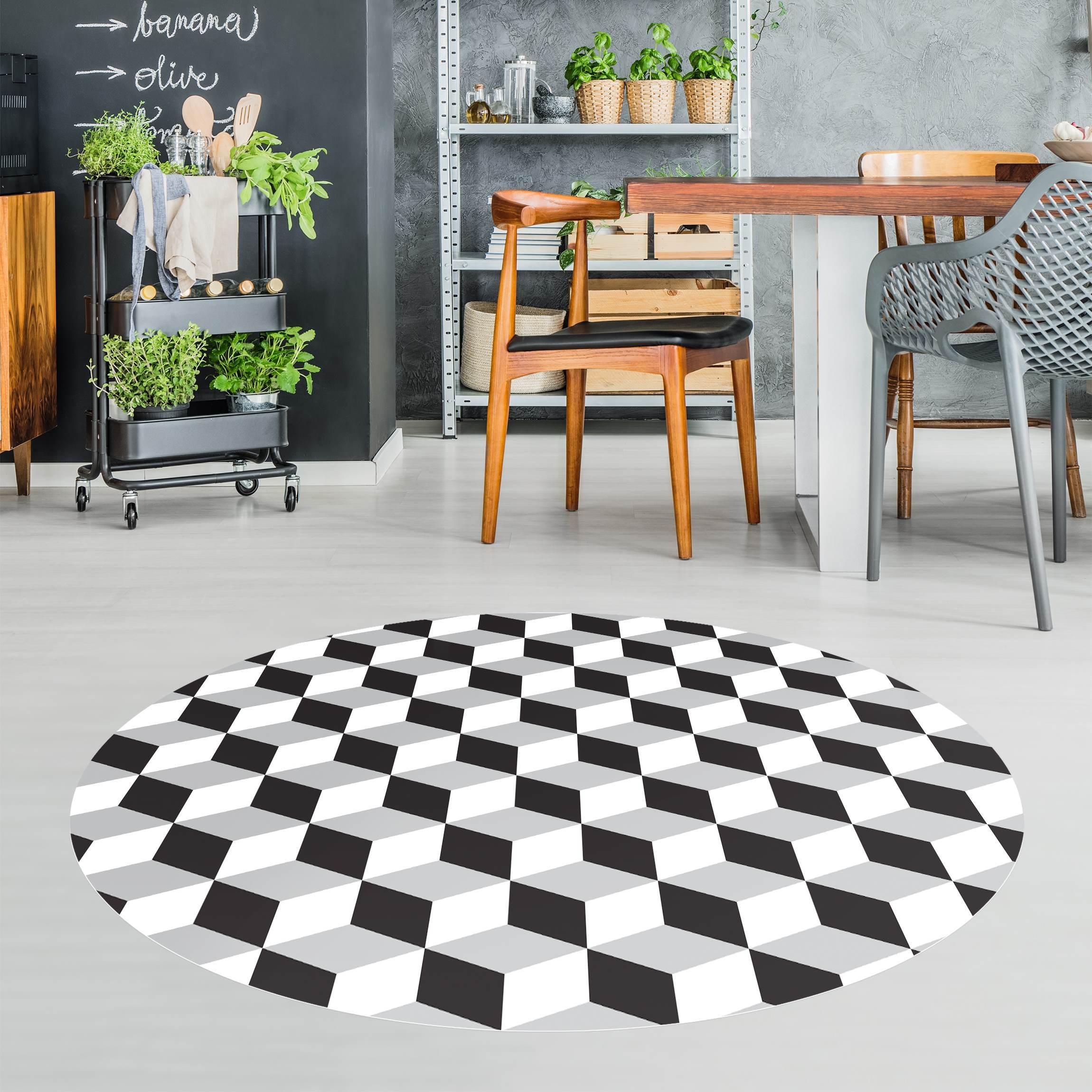 Runder Vinyl-Teppich Geometrischer Fliesenmix Würfel Schwarz