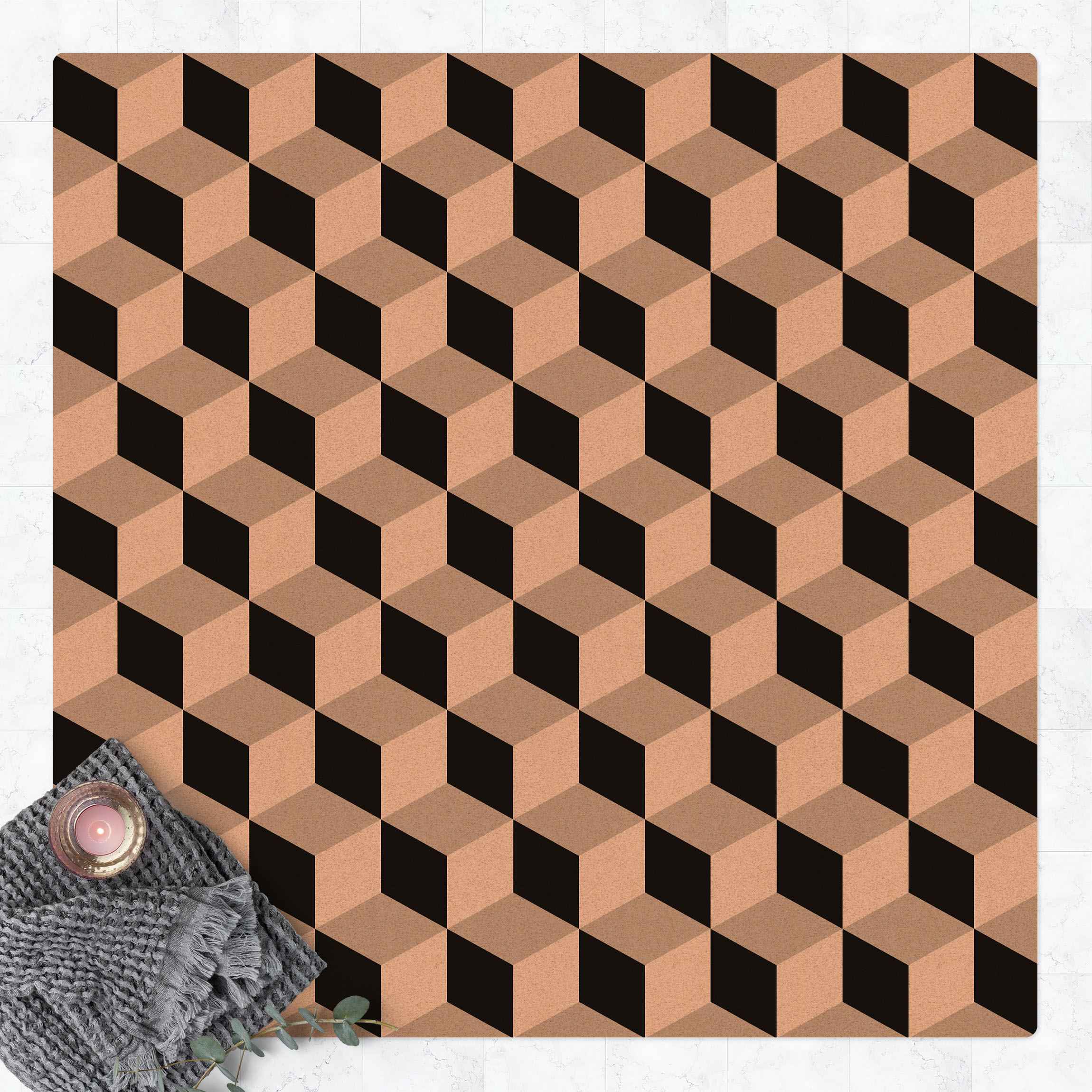Kork-Teppich Geometrischer Fliesenmix Würfel Schwarz