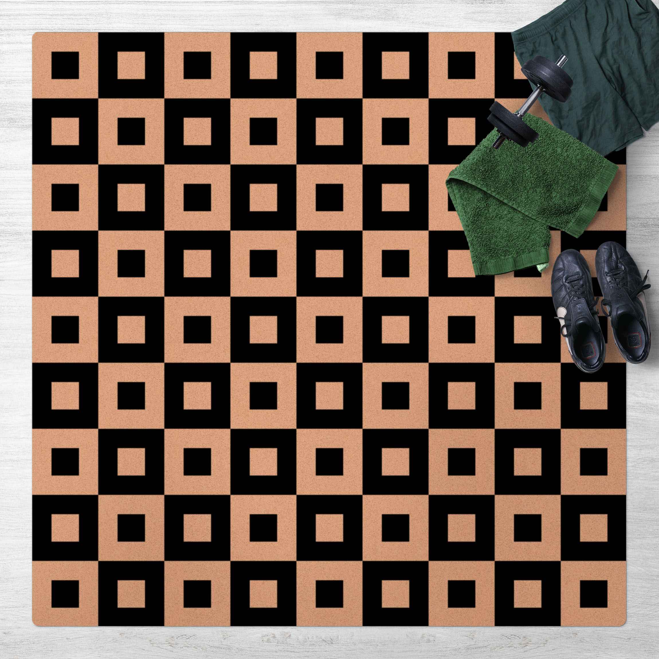 Kork-Teppich Geometrisches Muster aus Schwarz Weißen Quadraten