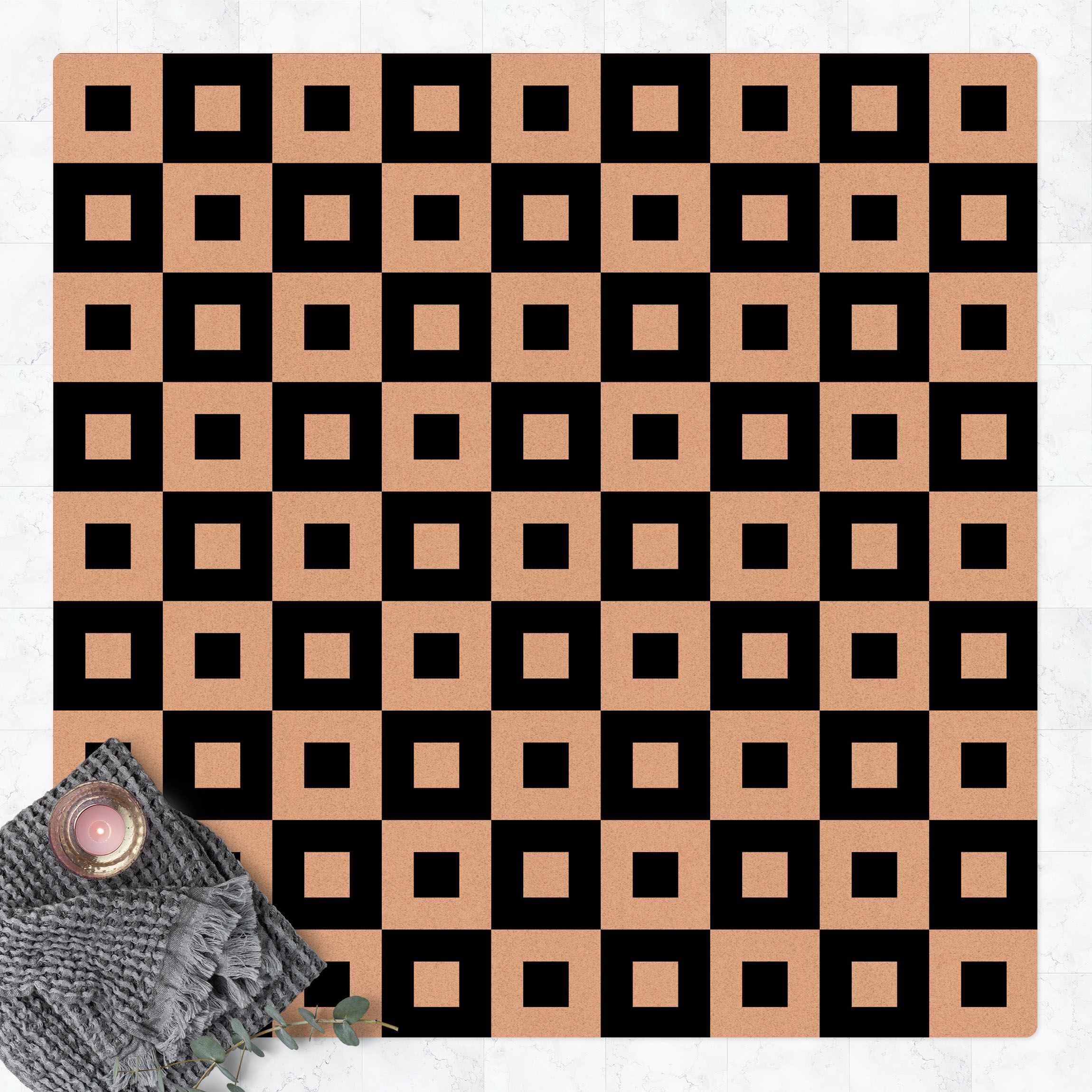 Kork-Teppich Geometrisches Muster aus Schwarz Weißen Quadraten