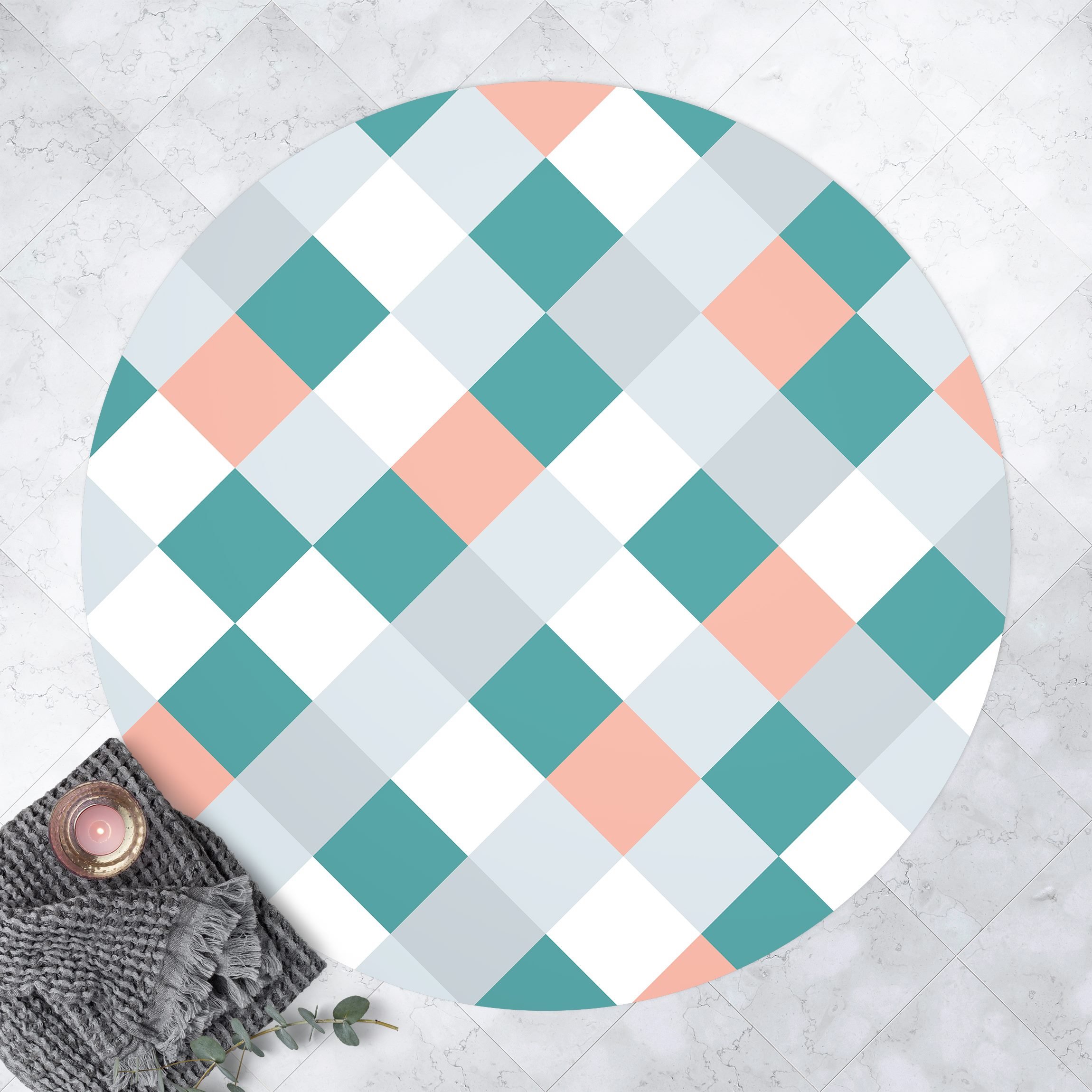 Runder Vinyl-Teppich Geometrisches Muster gedrehtes Schachbrett Apricot