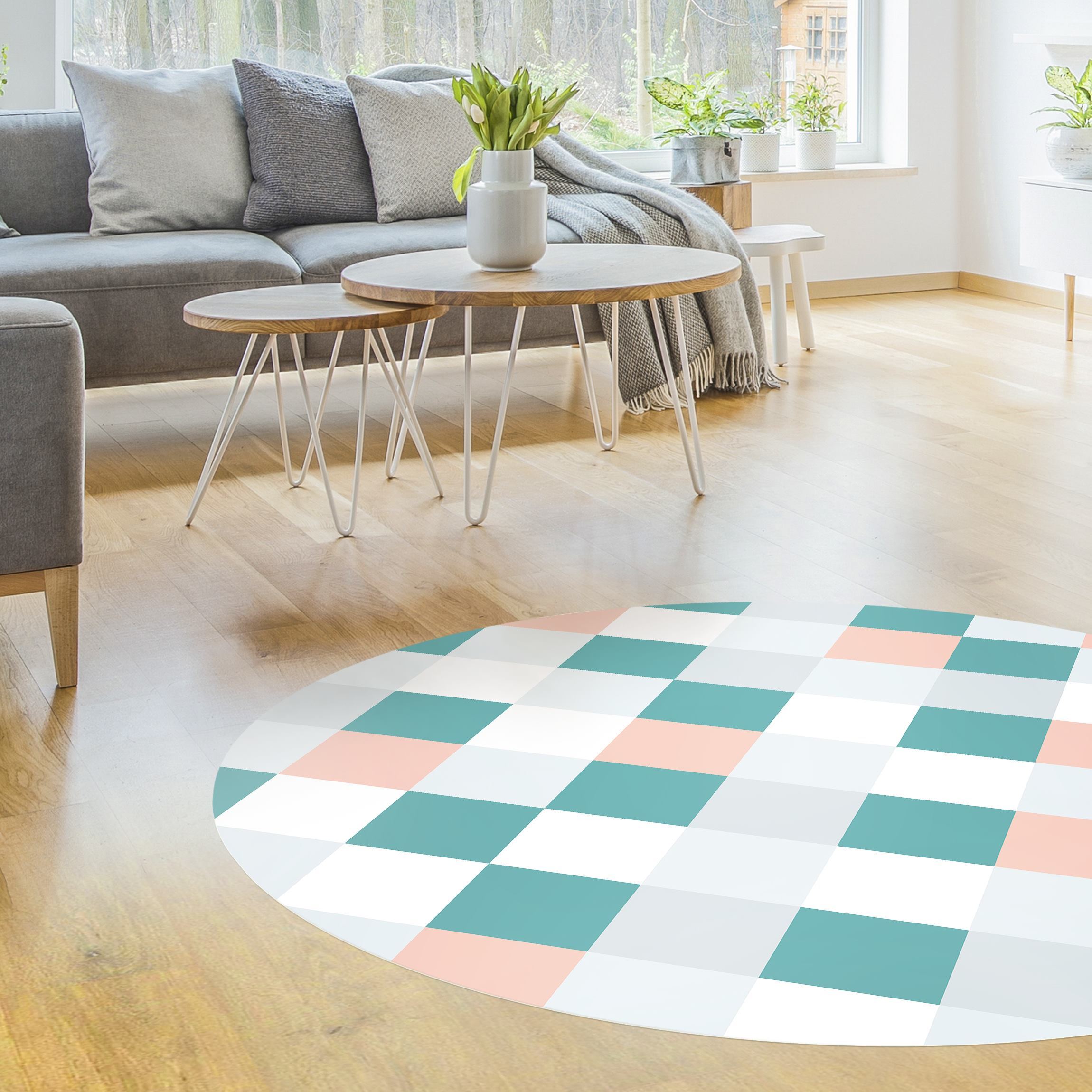 Runder Vinyl-Teppich Geometrisches Muster gedrehtes Schachbrett Apricot