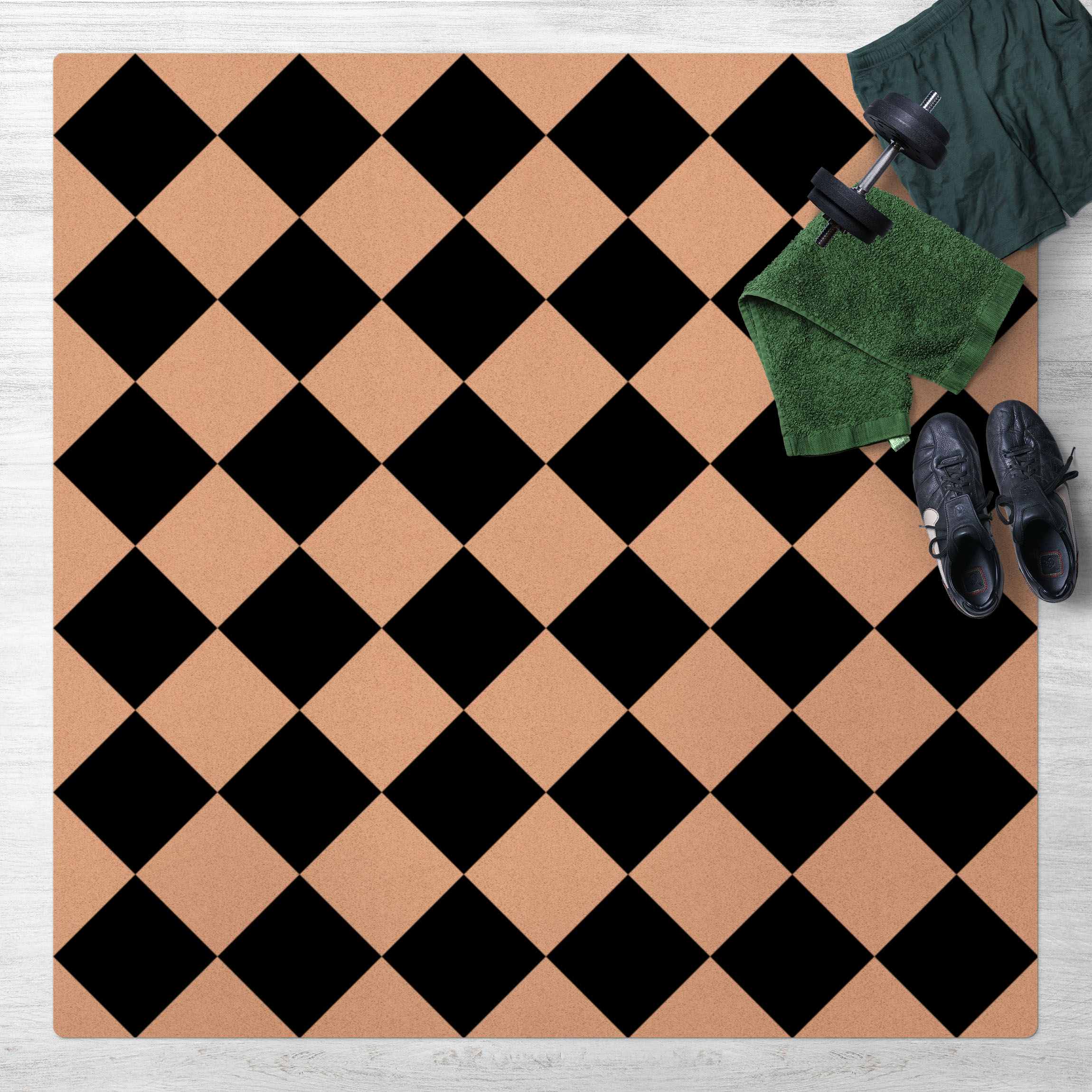 Kork-Teppich Geometrisches Muster gedrehtes Schachbrett Schwarz Weiß