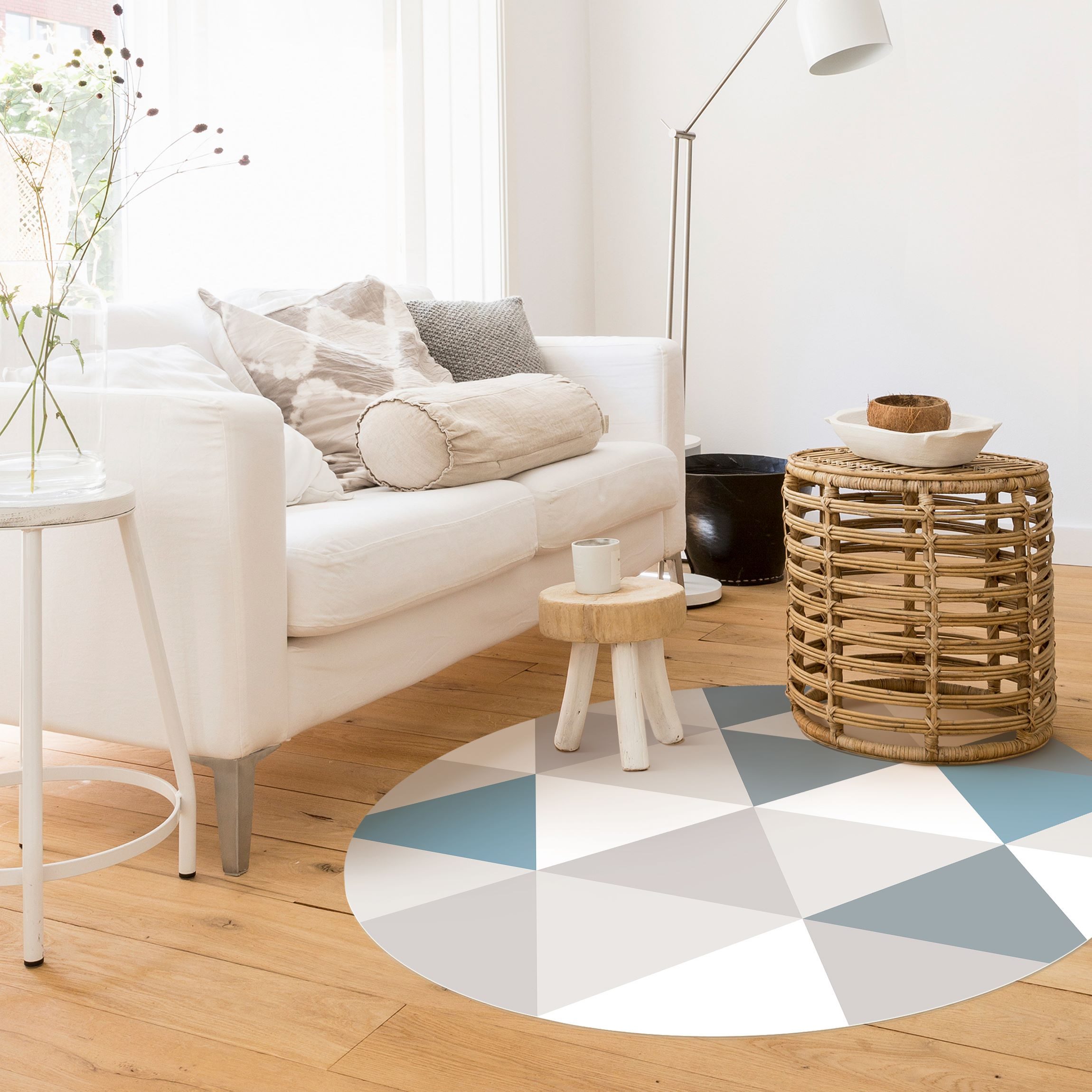 Runder Vinyl-Teppich Geometrisches Muster gekippte Dreiecke Blau