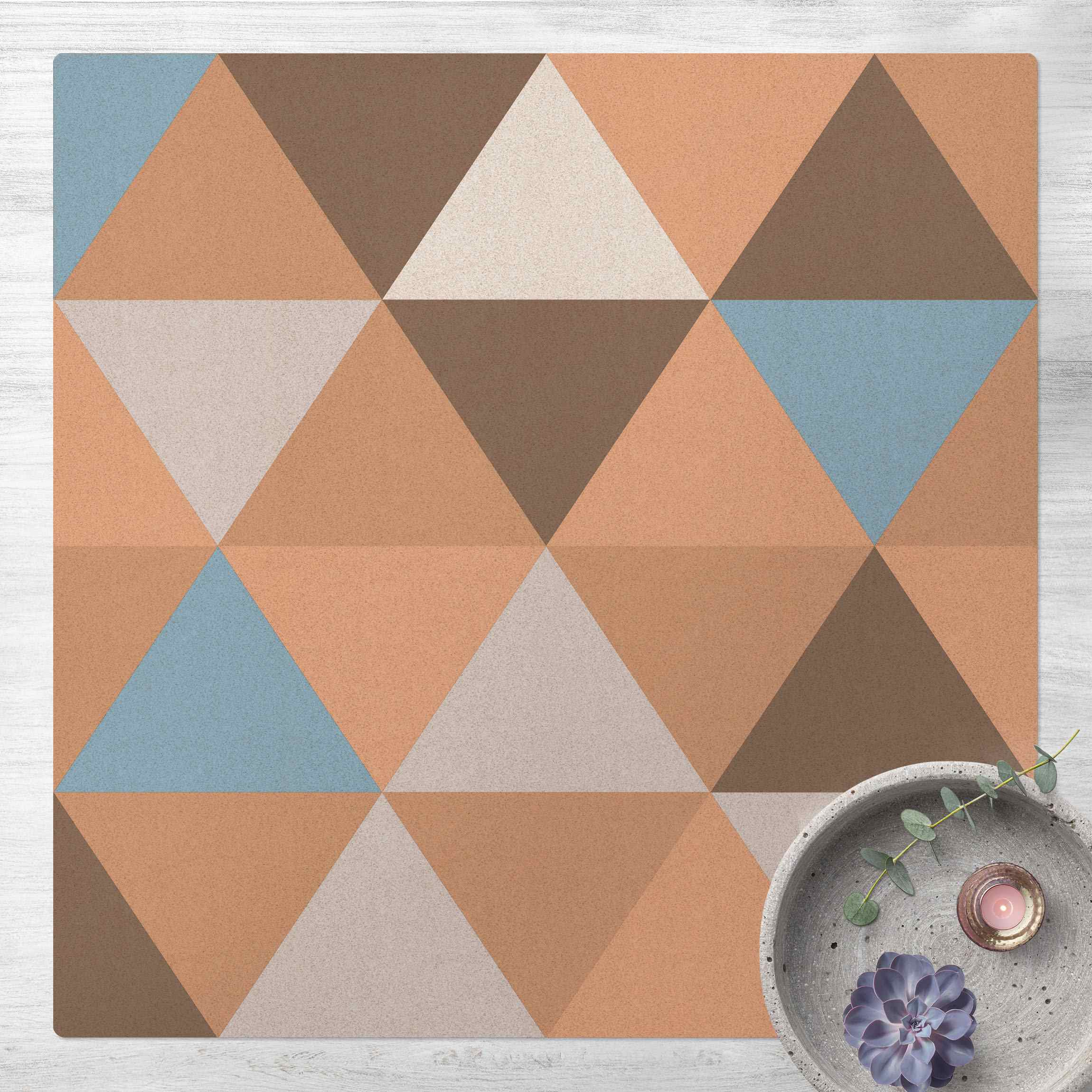 Kork-Teppich Geometrisches Muster gekippte Dreiecke Blau