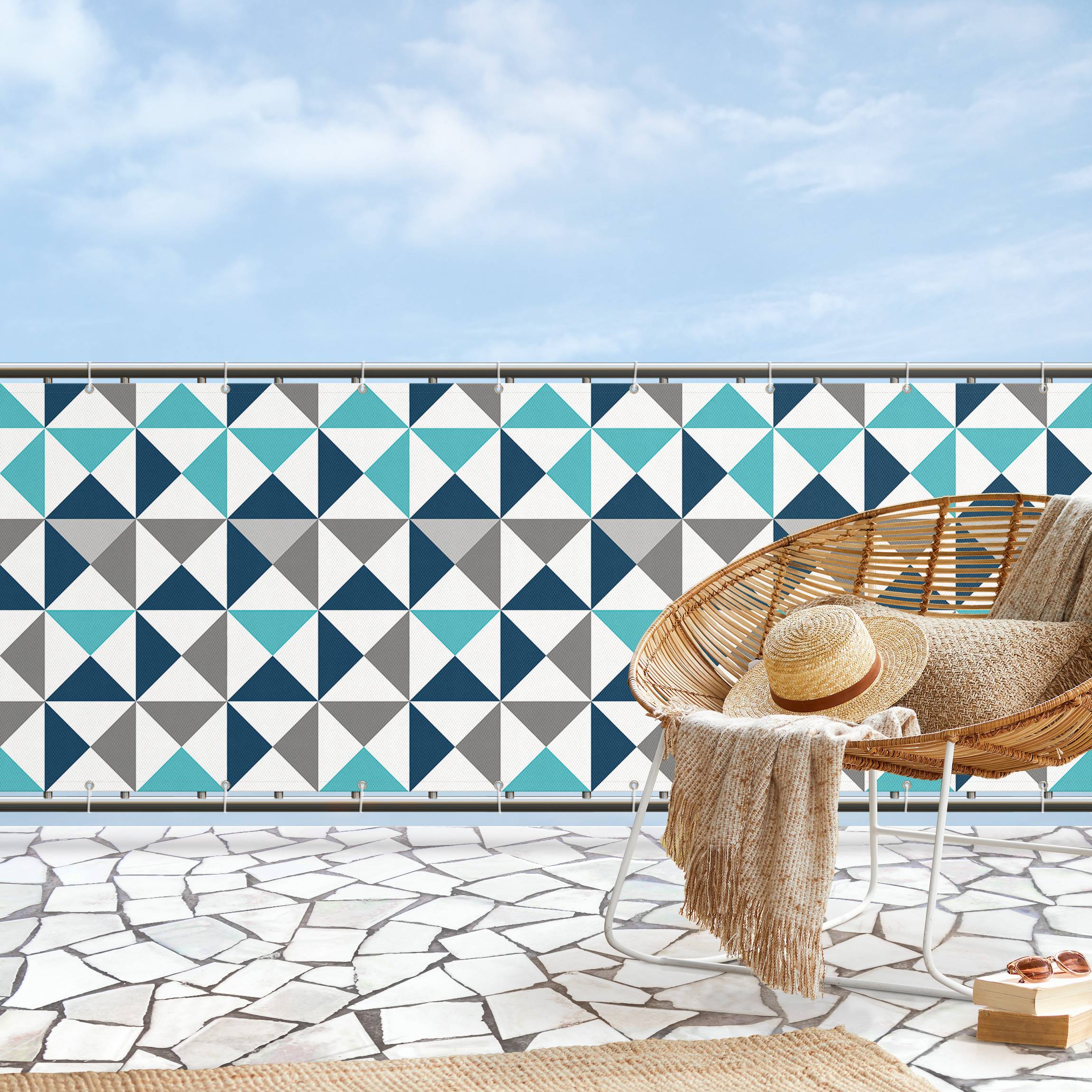 Balkon Sichtschutz Geometrisches Muster große Dreiecke in Blau