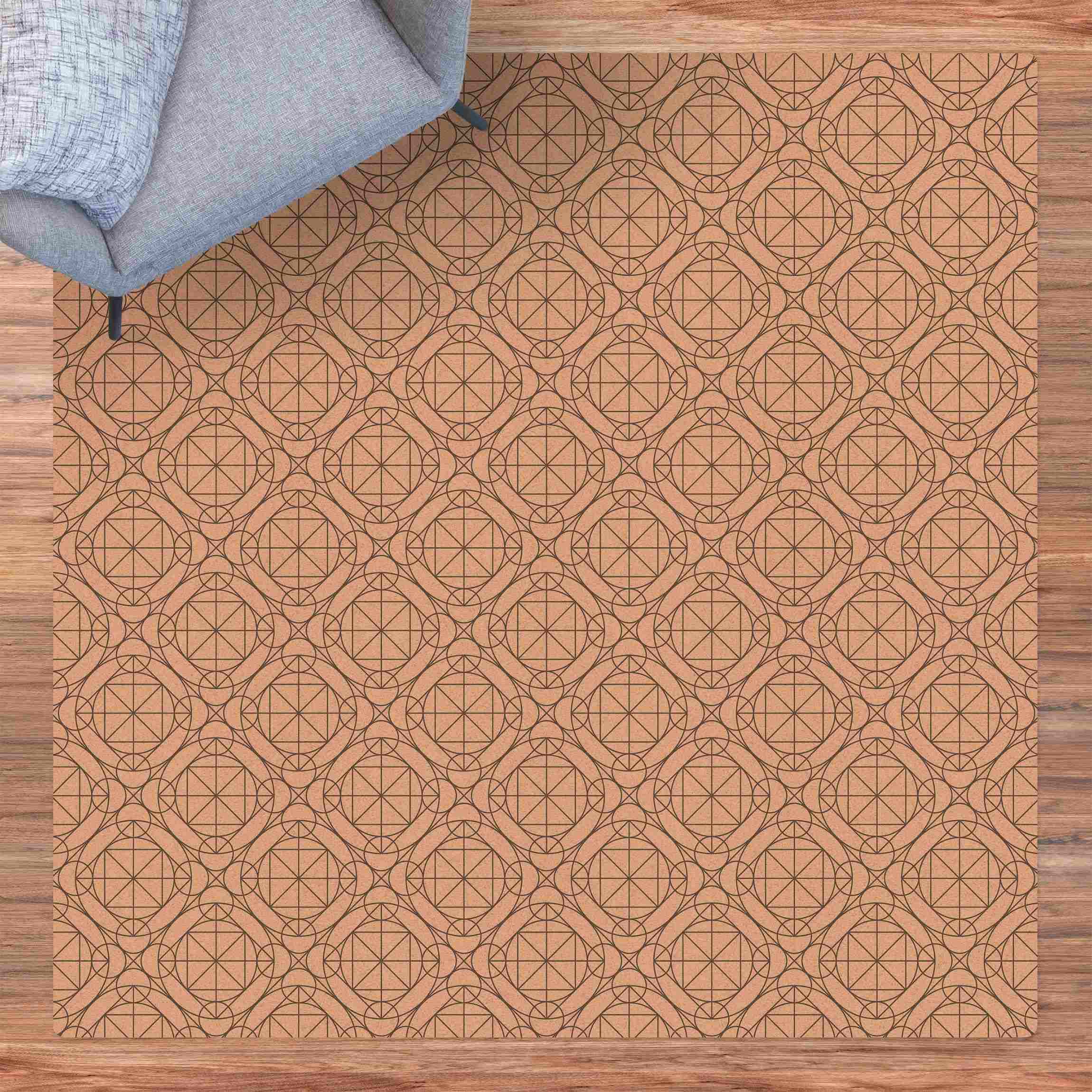 Kork-Teppich Geometrisches Muster mit Kreisen und Rauten in Grau