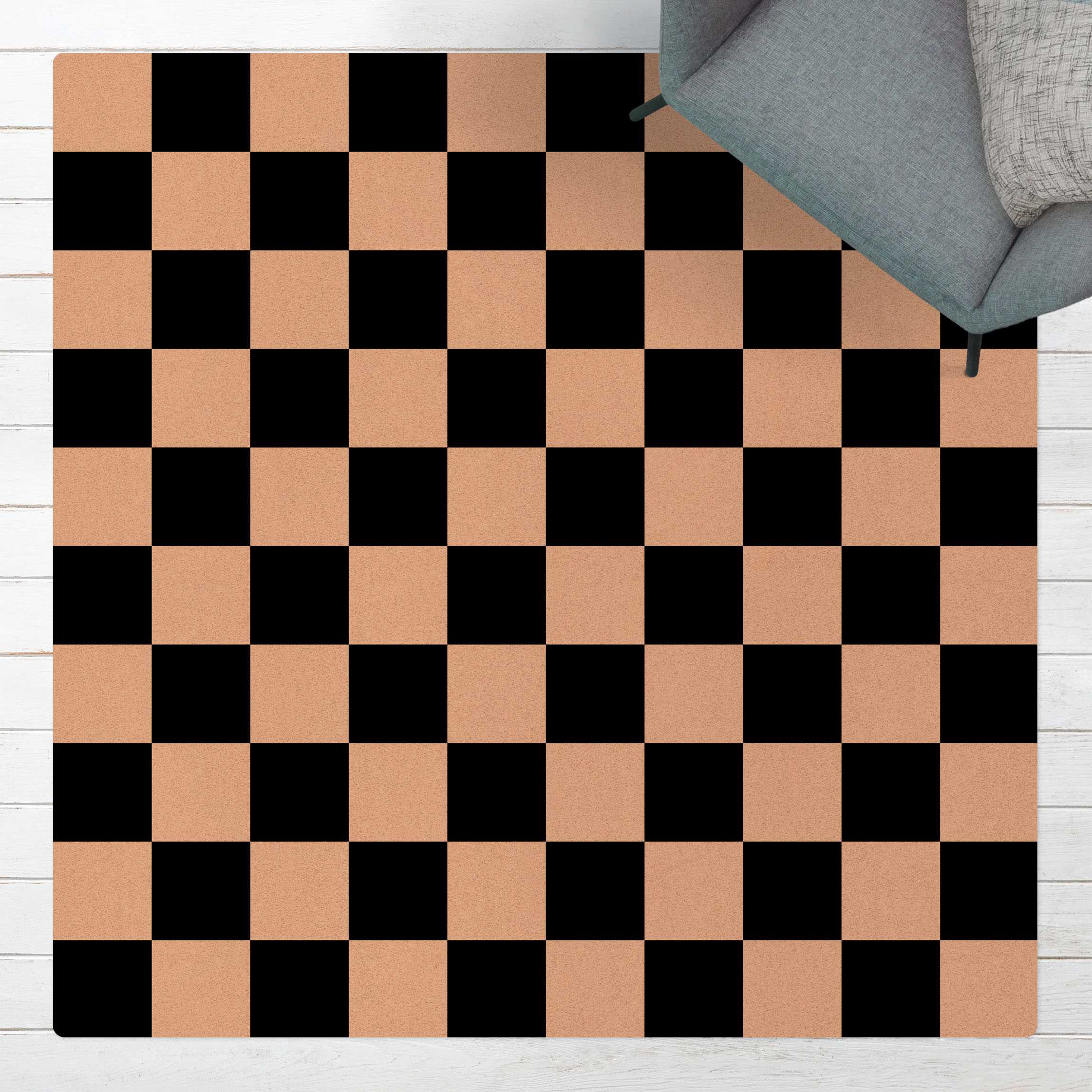 Kork-Teppich Geometrisches Muster Schachbrett Schwarz Weiß