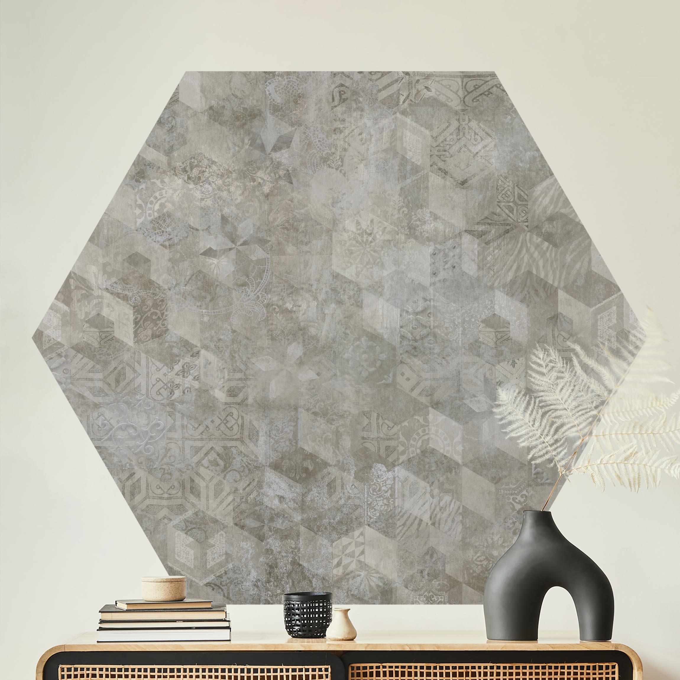 Hexagon Tapete selbstklebend Geometrisches Vintage Muster mit Ornamenten Beige