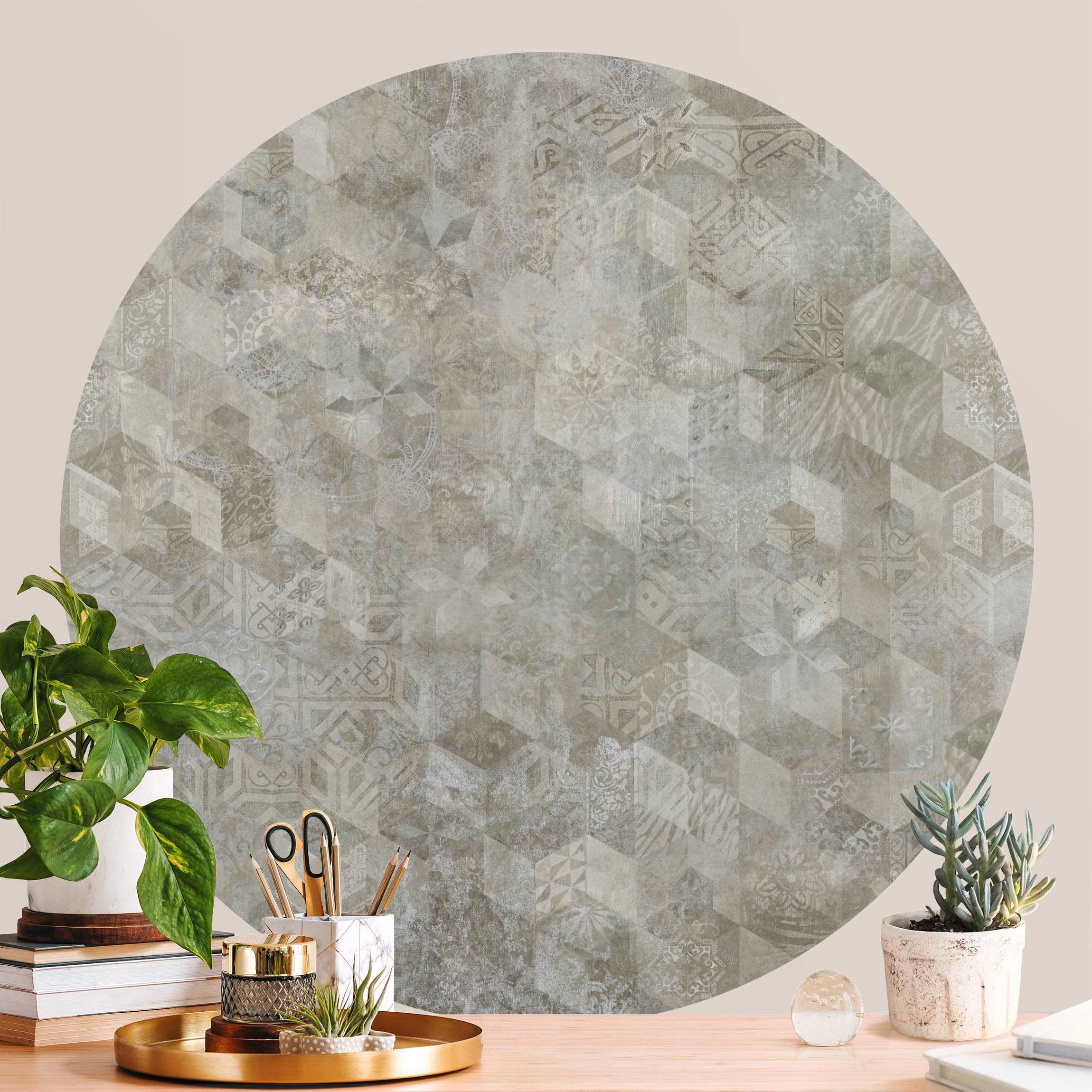 Runde Tapete selbstklebend Geometrisches Vintage Muster mit Ornamenten Beige