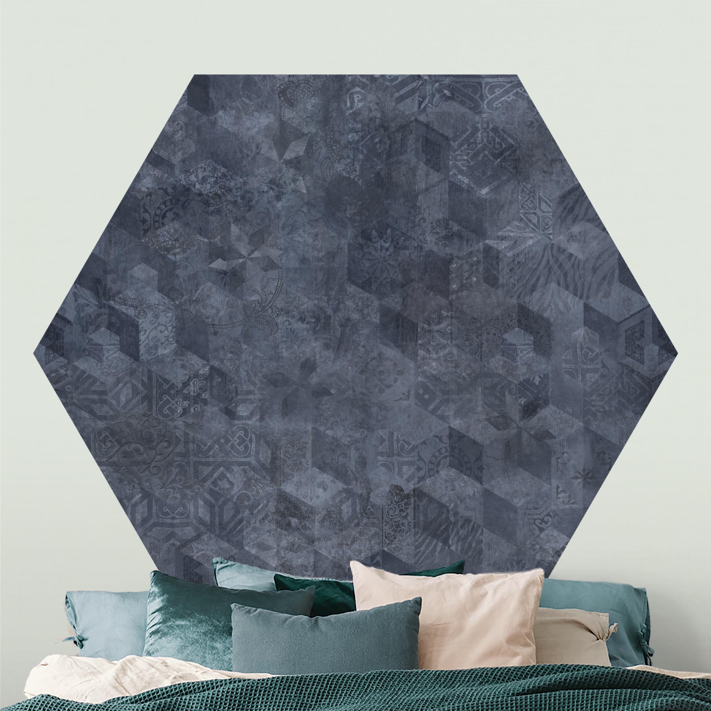 Hexagon Tapete selbstklebend Geometrisches Vintage Muster mit Ornamenten Blau